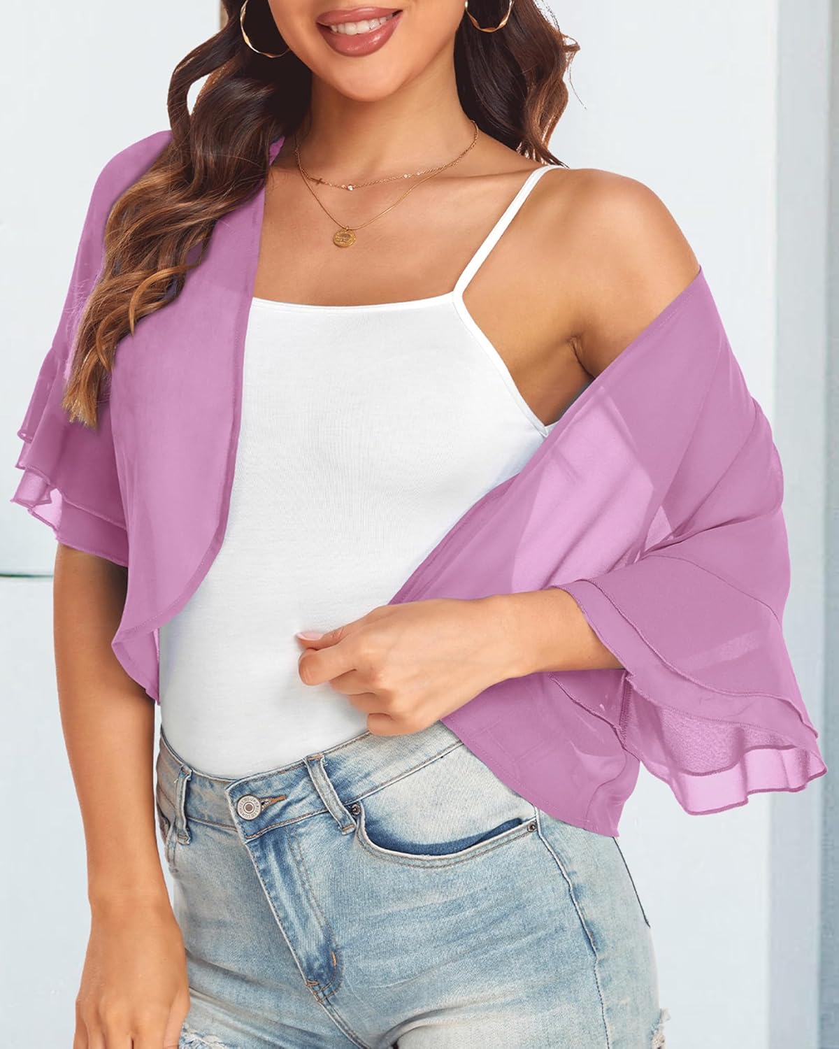 Women's Cardigan Bolero Shrug Ruffle Short Sleeve Open Front Loose Sheer Jackets for Tops - Image 5