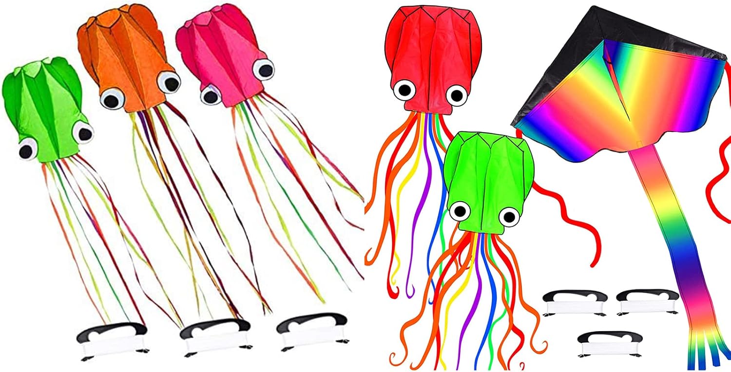 6 Pack Octopus Kite, 3D Kite Long Tail Easy Flyer Kite Beach Kites People Adults Gift Kites for Kids Easy to Fly, Kite Kit with Kite String 100M, Kiteboarding Kite for Adults