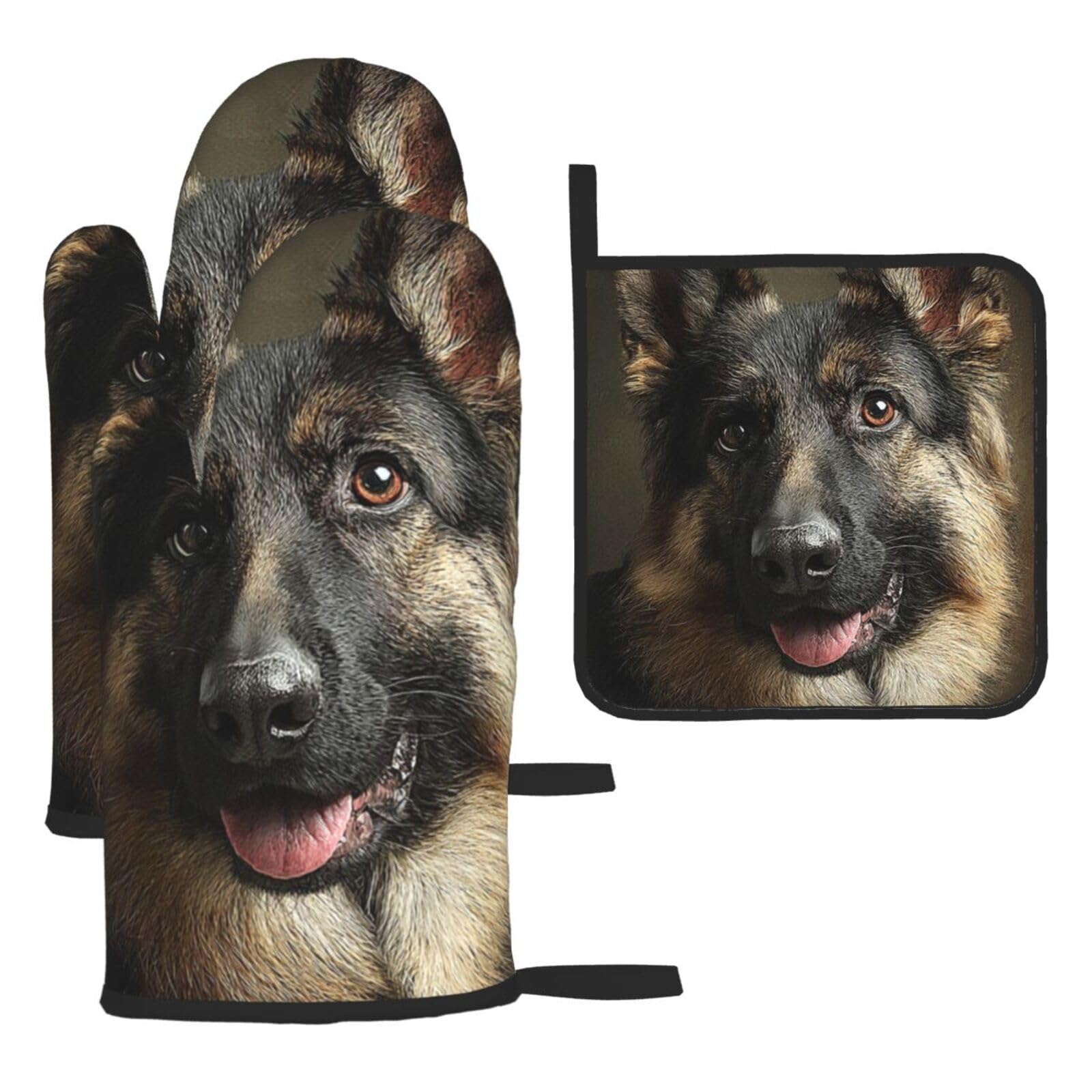 Oven Mitts and Pot Holders Set of 3 Heat Resistant Non-Slip Kitchen Gloves Hot Pads German Shepherd Dog Lovers Oven Mitts Kitchen Mittens Gloves Non-Slip Potholders for Cooking Baking Grilling BBQ