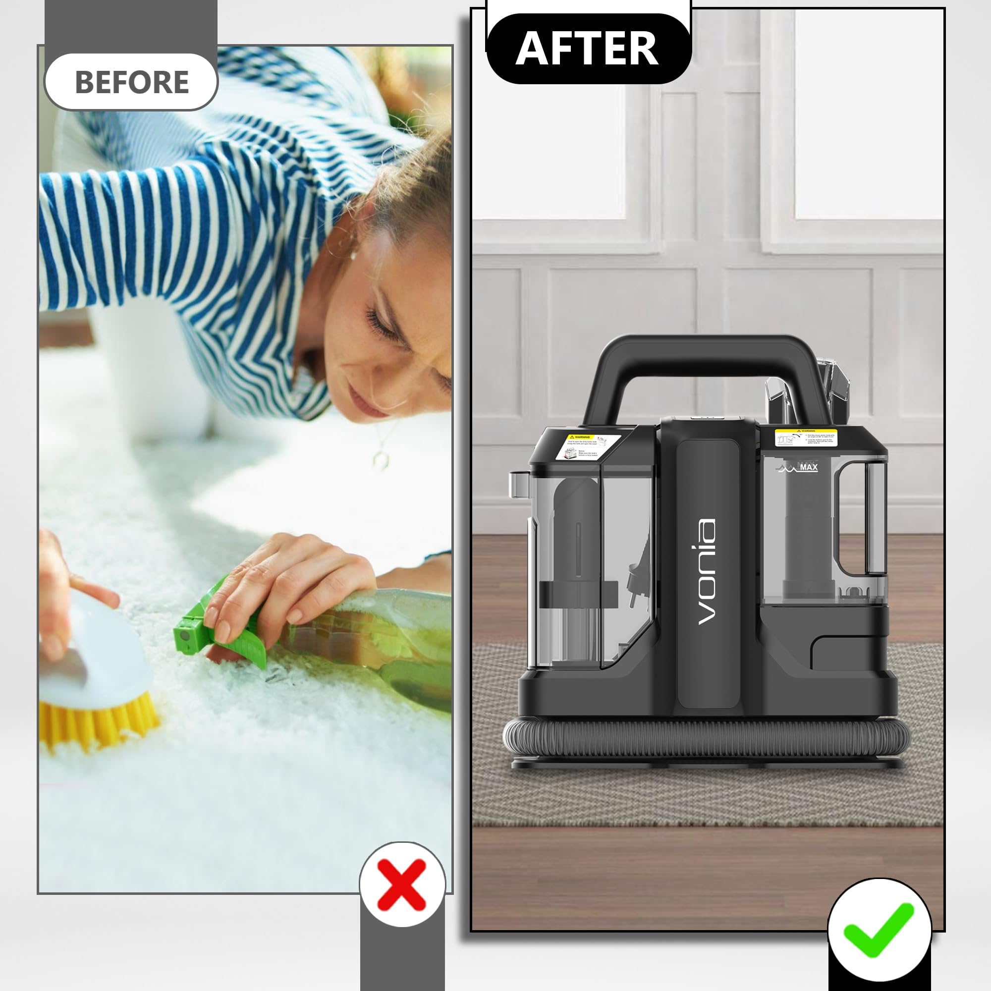 Vonia Machine à Nettoyer les Tapis Portable – Nettoyeur de Tapis Haute Succion 450W | Nettoyeur à Main pour Taches de Canapé, Canapé, Tapis, Sièges de Voiture, Matelas et Nettoyage des Tissus (Noir)