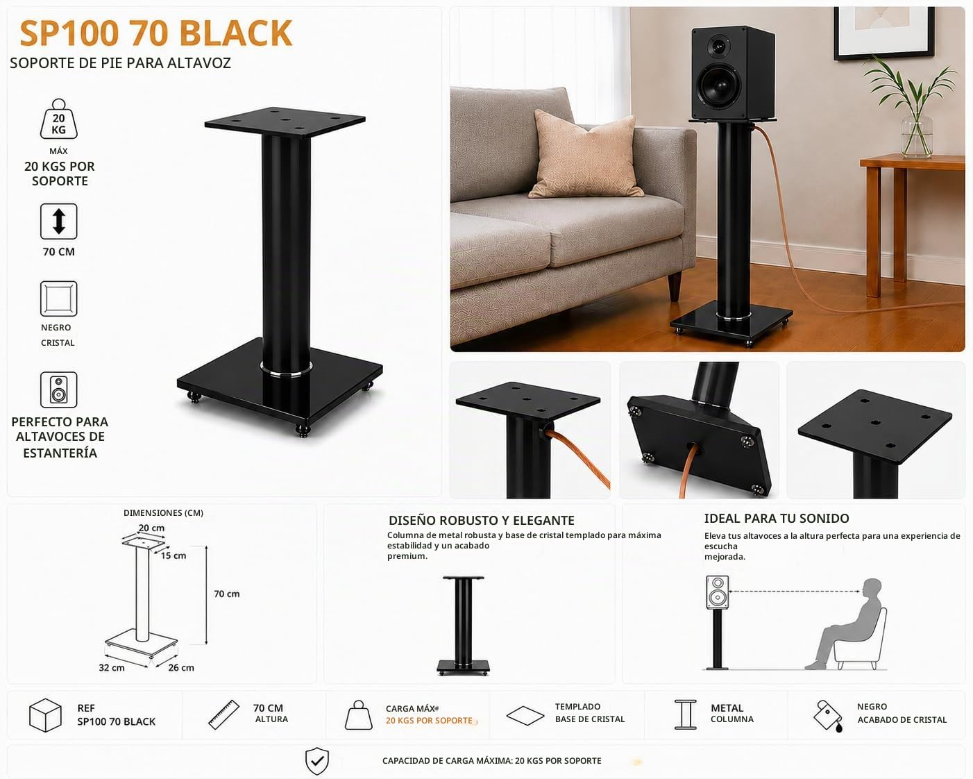 Sonorous SP100-70 Negro – Soportes de Suelo para Altavoces 70 cm (Pareja) | Pies HiFi en Aluminio y Vidrio Templado | hasta 20 kg por Soporte | Gestión de Cables Integrada.