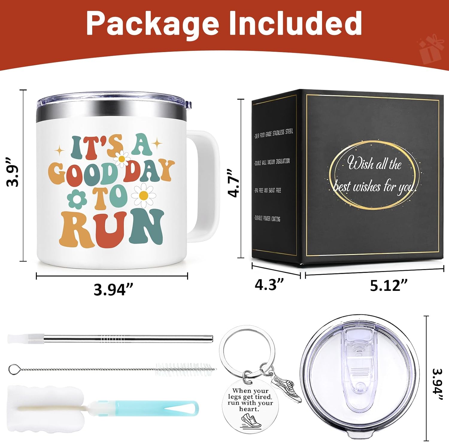 Lifecapido Running Gifts, It's A Good Day To Run 14oz Insulated Coffee Mug with Keychain, Christmas Gift Runners Gifts for Runners Women, White - Image 7