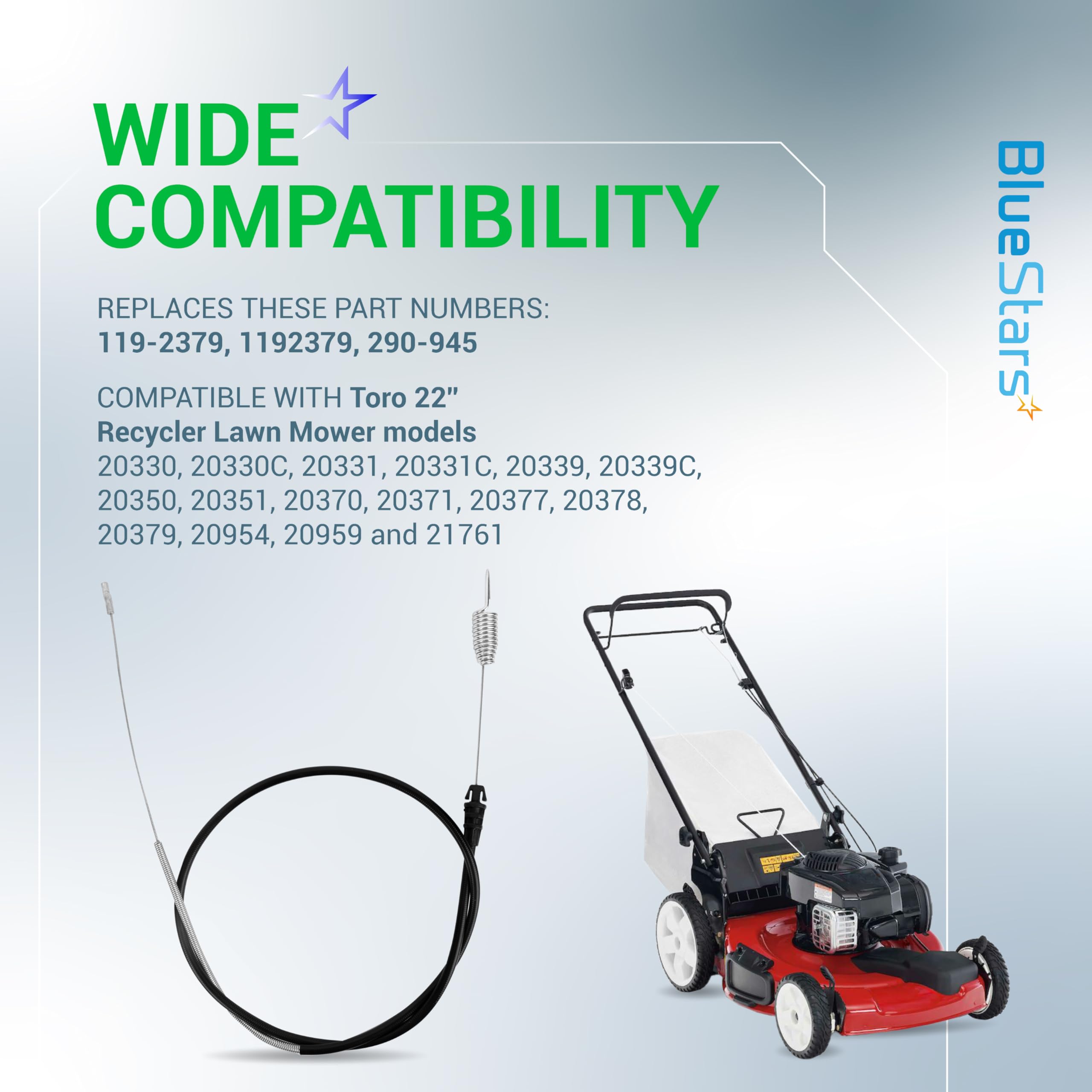 BlueStars 119-2379 290-945 Câble de contrôle de traction – Compatible avec les tondeuses à gazon Toro 20330 20331 20339 20350 20351 20370 20371 20377 20378 20954
