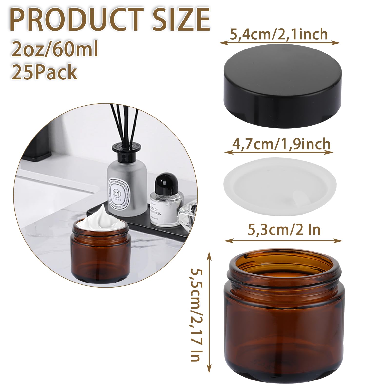 Lot de 25 pots en verre ambré - 60 ml - Pot à pommade à remplir - Avec couvercles noirs et couvercles intérieurs - Pour cosmétiques, lotions, crèmes, mini bougies