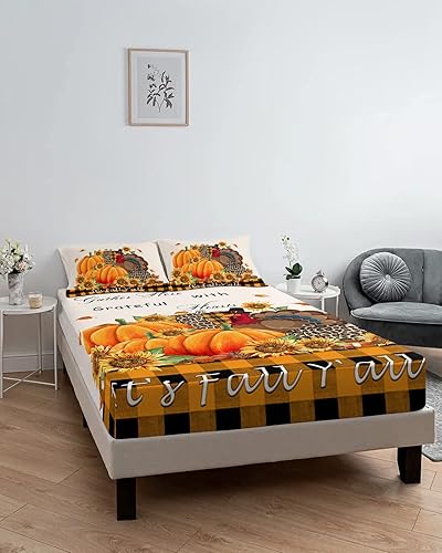 Miniatura 6 de Juego de sábanas bajeras de otoño de Acción de Gracias para colchones de hasta 16 pulgadas, diseño de pavo y calabazas, girasoles, a cuadros,