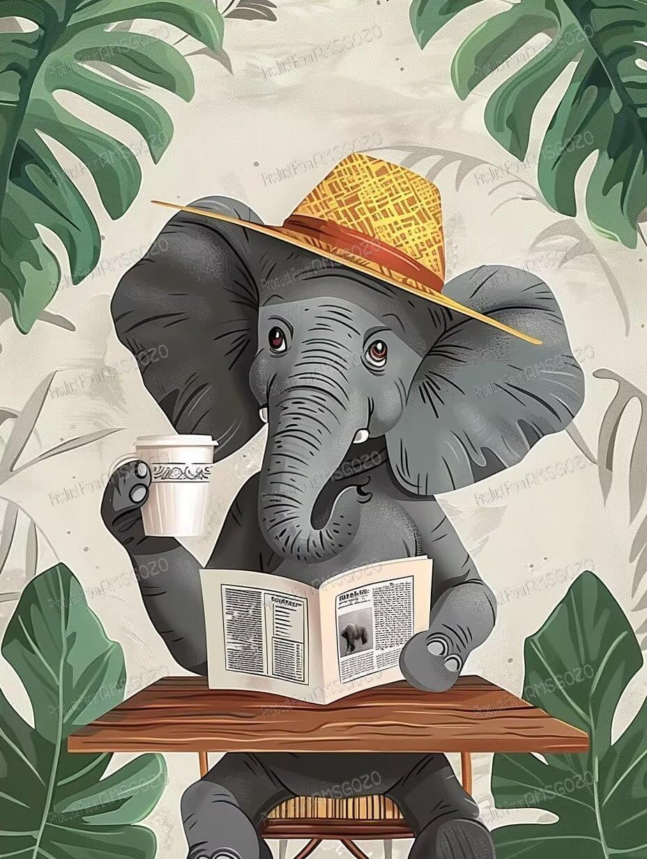 DIY Elephant Reading Newspaper Diamond Art Kits For Adults, Exquisite Full Round Crystal Gemstone Art Cross Stitch Diamond Painting Kits For Beginners 20X20 Inch, For Room Decor Bathroom Decor