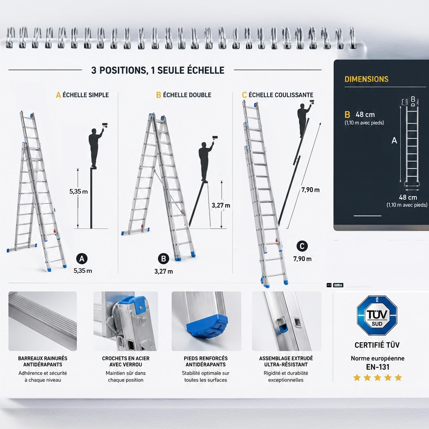 Petra Echelle Professionnelle Transformable en Aluminium 3 Plans 12 marches