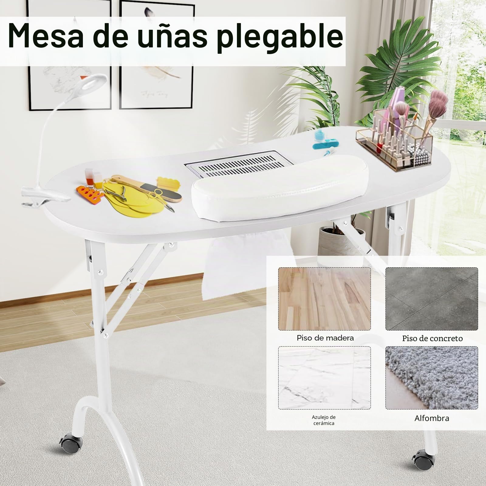Mesa Uñas, Mesa Manicura Plegable Mesa Manicura Con Ventosa 90x44x72cm Mesa Manicura Con Aspirador Uñas Mesa Manicura Móvil Con LáMpara De Uñas Con Clip LED USB Regulable Bolsa Transporte 4 Ruedas