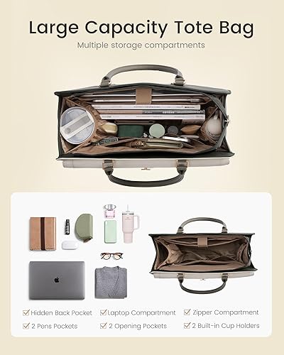 Miniatura 3 de LOVEVOOK Bolsa de mano para laptop para mujer, de piel sintética, estilo vintage, bolsa de trabajo, impermeable, para profesores de negocios con