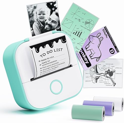 Mini impresora de calcomanías, impresora térmica portátil T02 con 3 rollos de papel, impresora de etiquetas adhesivas de bolsillo para niños,