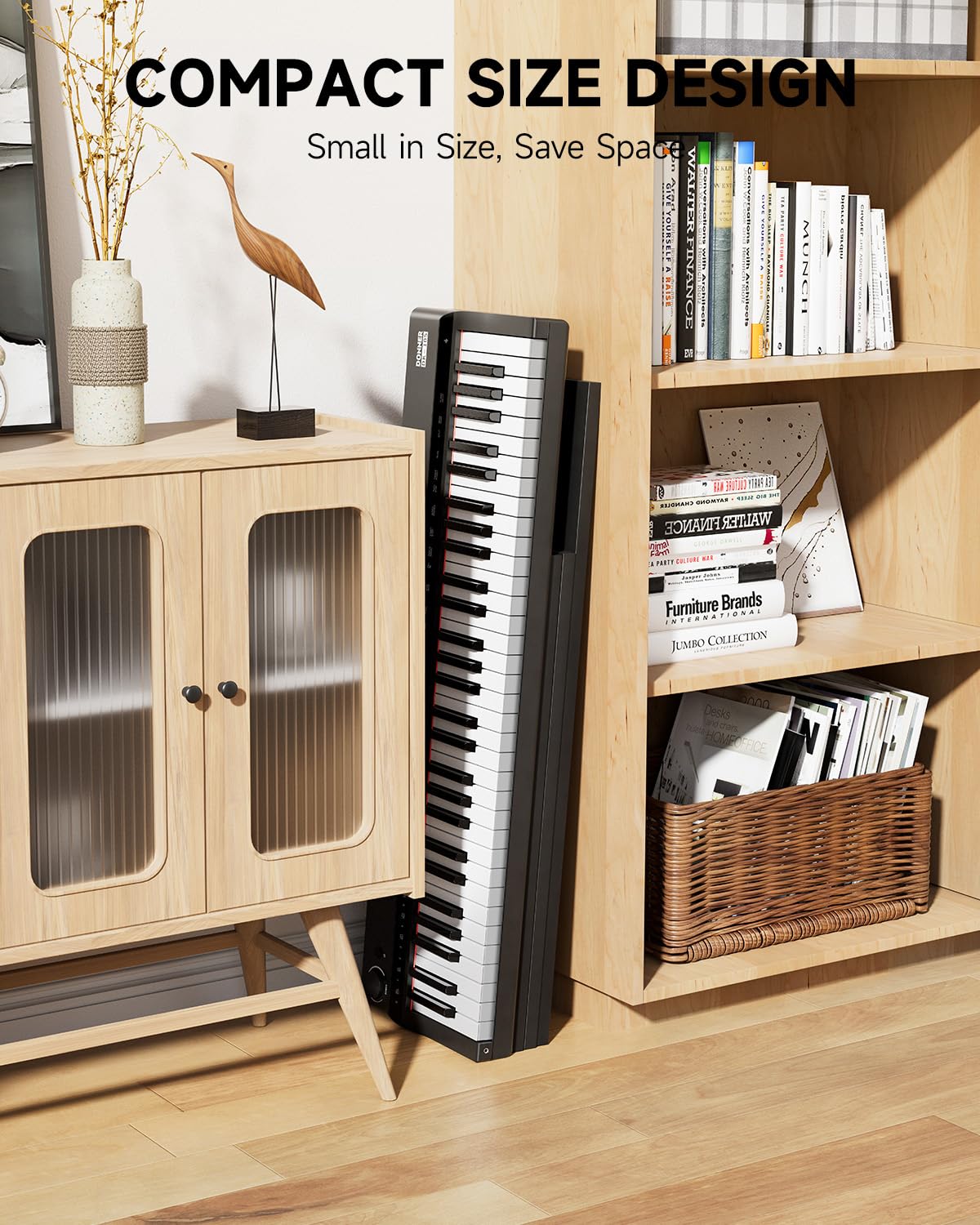 Donner DK-10S Digital piano 61 Tasten klavier mit beleuchteter Tastatur für Anfänger e piano- Tragbar, 5h Akku, 500 Sounds, inkl. Holzständer & Lern-App - Schwarz