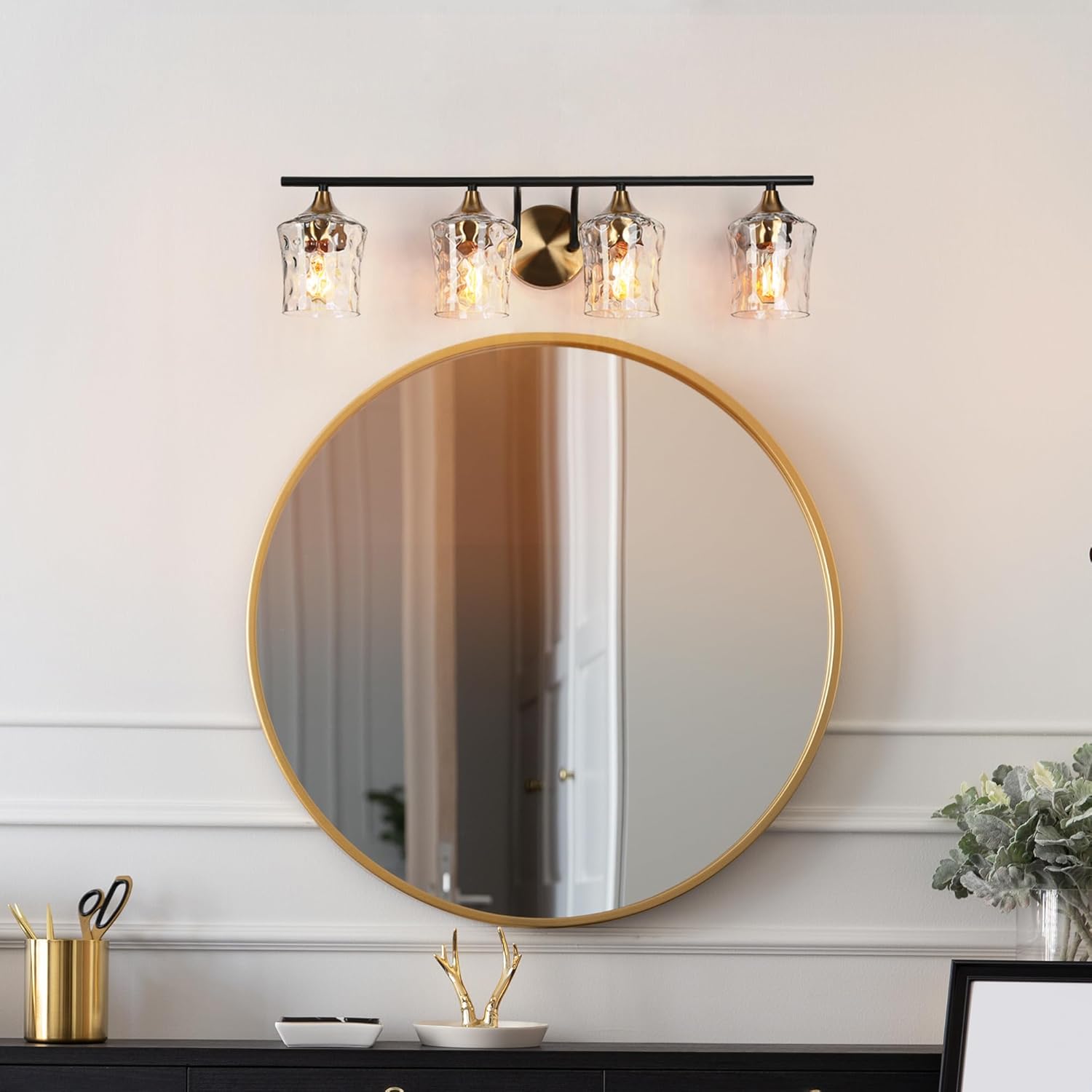 KSANA 28" Large Bathroom Vanity Lights, 4 Light Mid-Century Modern Vanity Light with Textured Glass Shade Black and Electroplated Brass Bathroom Light Fixtures for Hallway, Entryway