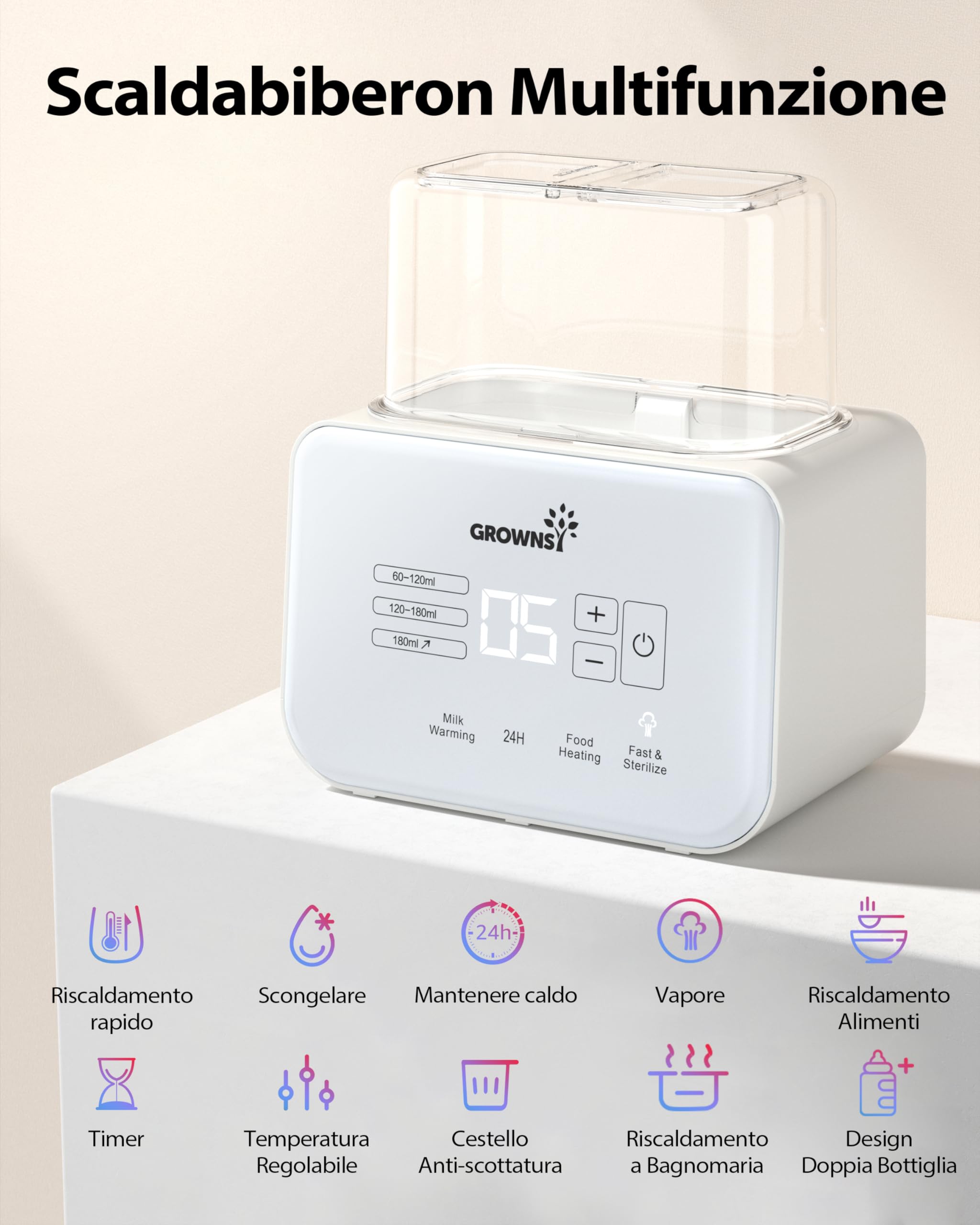 Grownsy Scaldabiberon, Sterilizzatore per Biberon 9 in 1 Fast Riscaldamento e Sbrinamento, Timer, Rapido Controllo Della Temperatura, Senza BPA, con Display LCD, Doppio Scaldabiberon