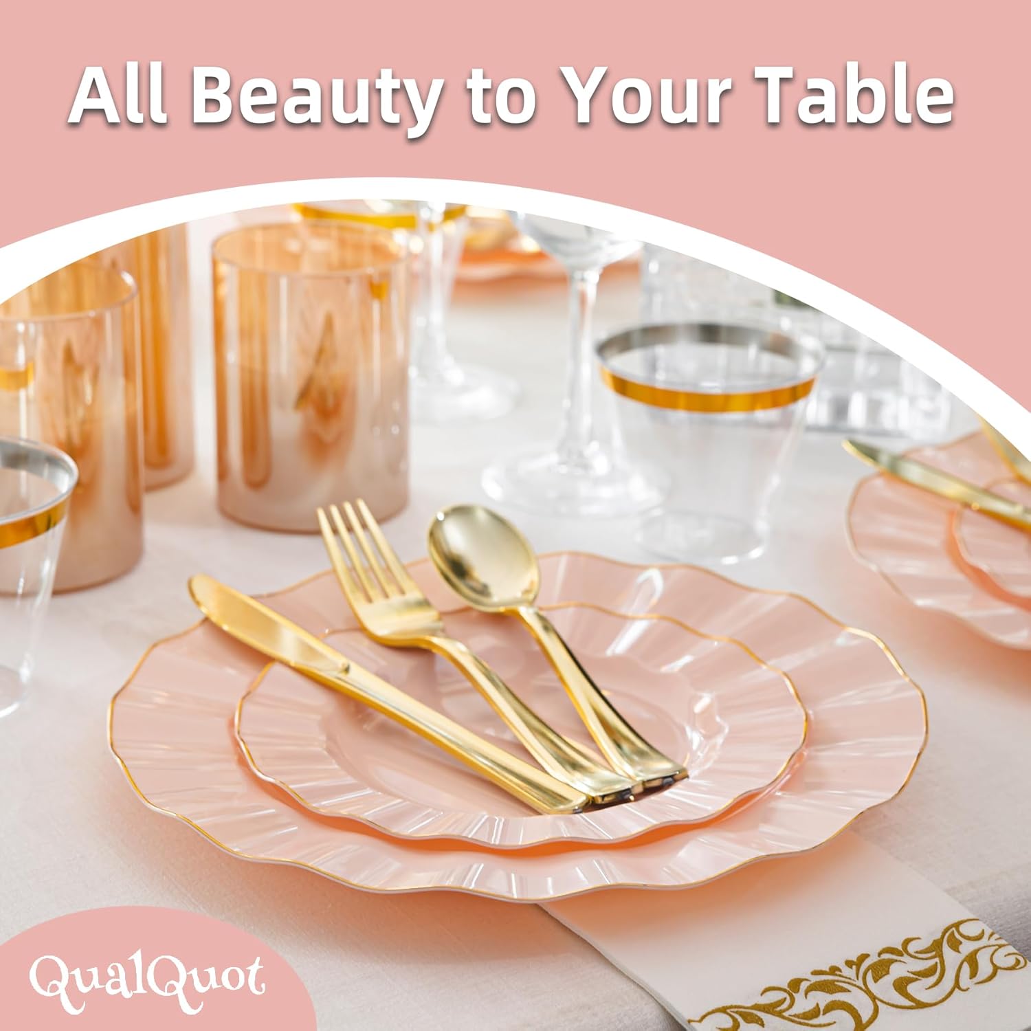 120PCS Blush Pink Plastic Plates, Heavy Duty Disposable Party Plates with Gold Rim, 60 Dinner and 60 Dessert for Parties and Wedding