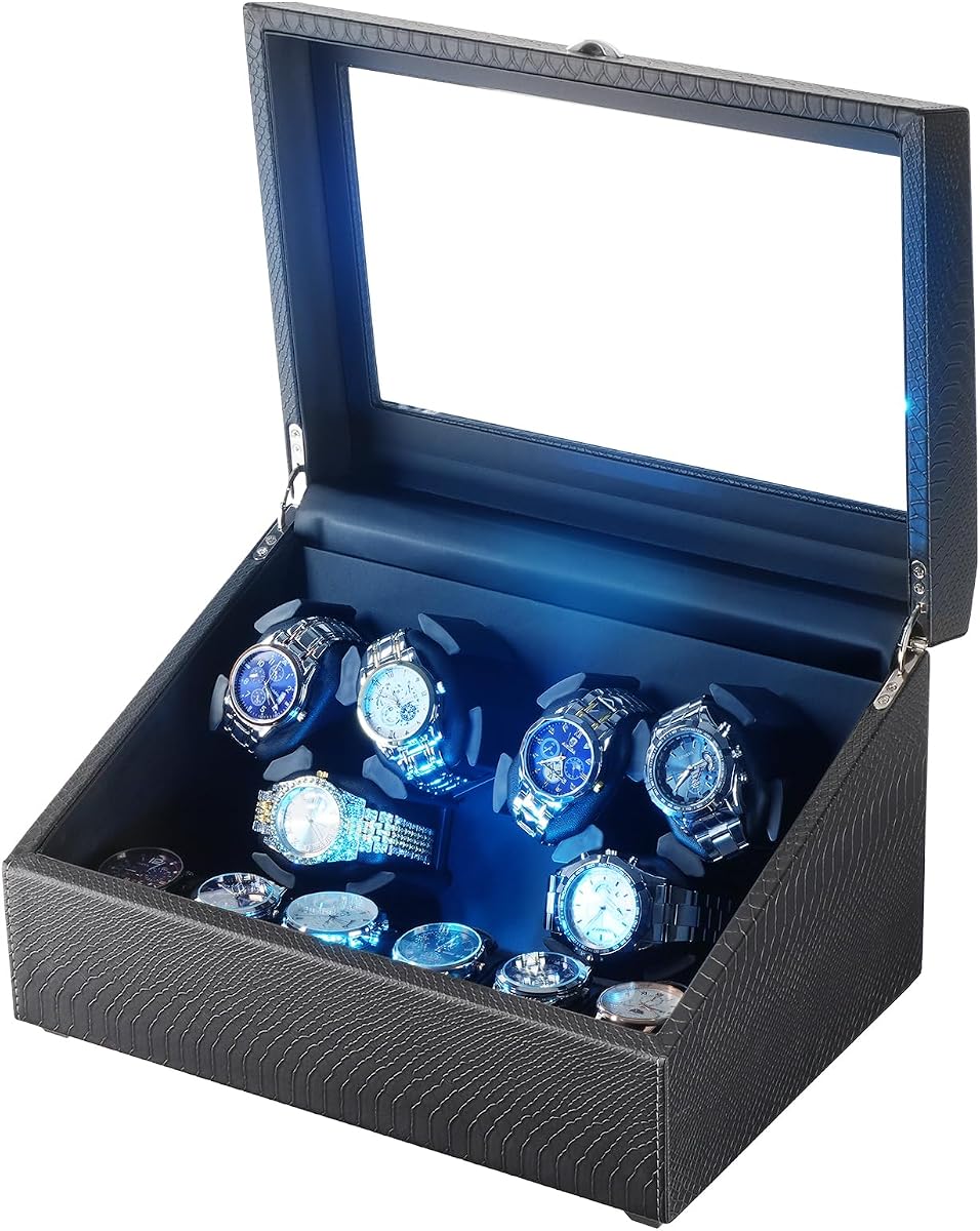 Watch Winder for Automatic Watches, Luxury Watch Winders with LED Light, 6 Watch Winder + 6 Storage Case with Quiet Motor, Gift for Man & Woman (PU Snakeskin)