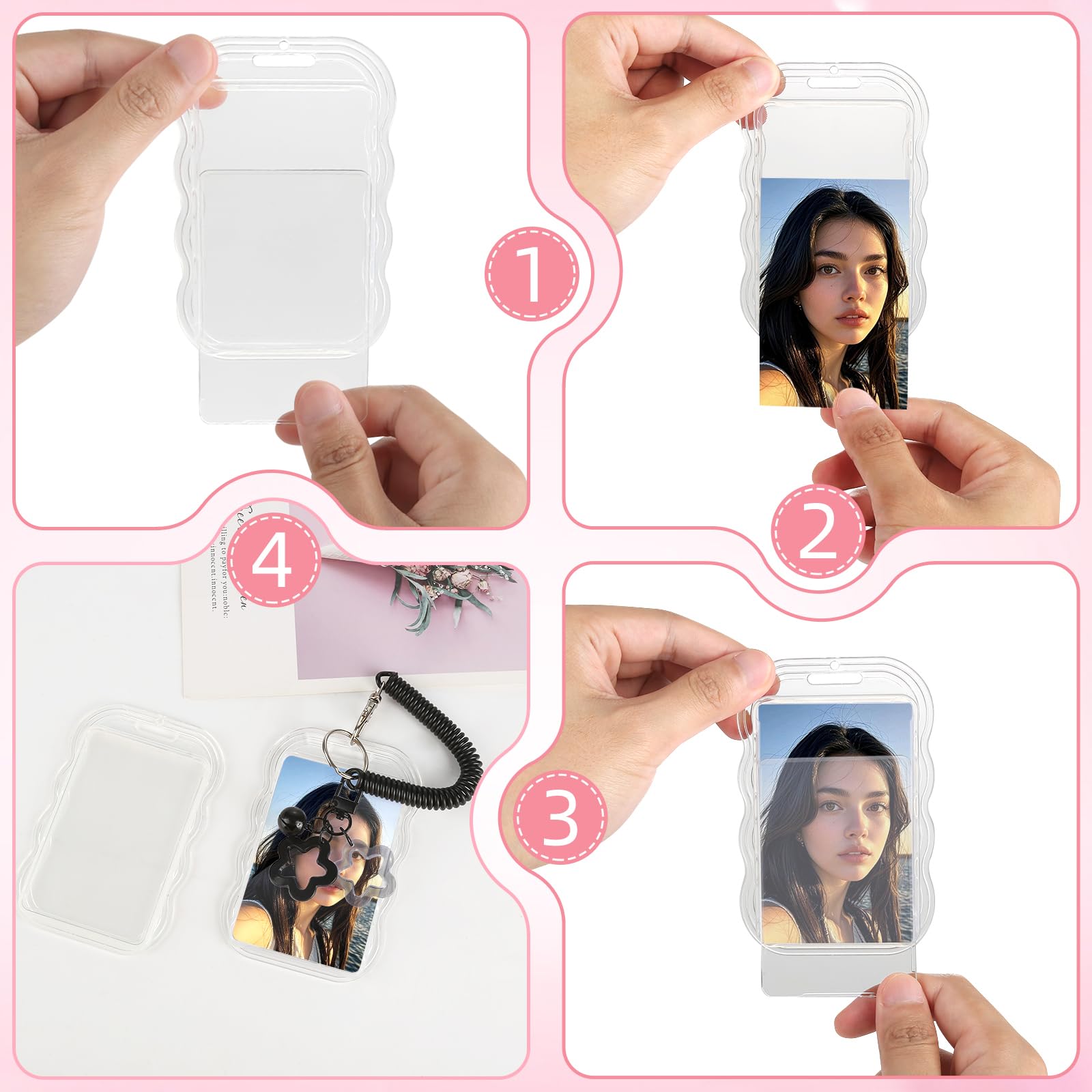 3 sztuki kluczyka Photocard Holder, Star Bells ID Card Holder z odpinanym linkoszkiem, dwustronny uchwyt na dowód, karty z zdjęciami dla dowód, karta autobusu, wyświetlacz zdjęć idola (Biały, Czarny