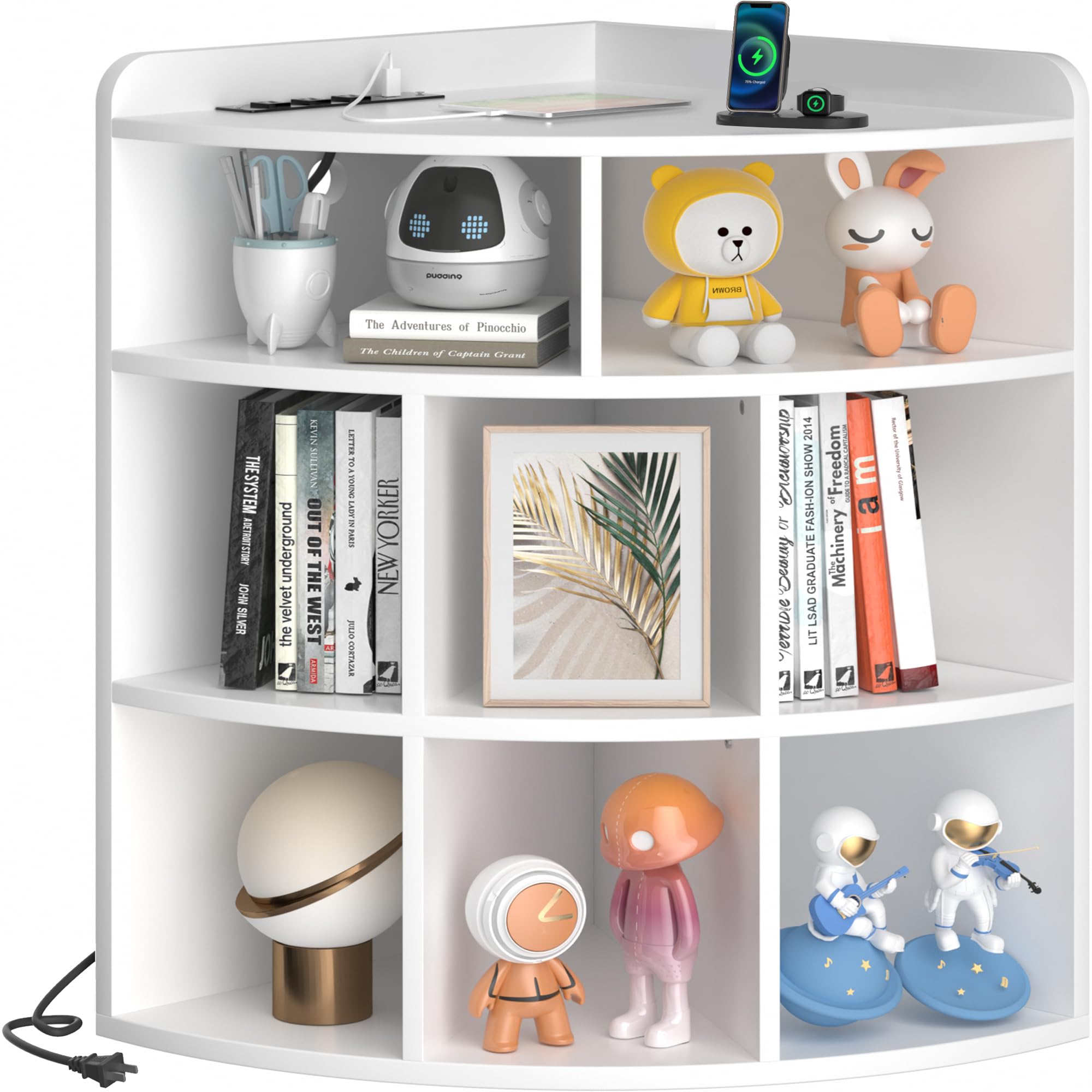 VECELO Armadio angolare con stazione Charing, organizer a 3 livelli con porte USB e prese USB, librerie a triangolo con 8 cubi per sala giochi, camera da letto, soggiorno, bianco perla