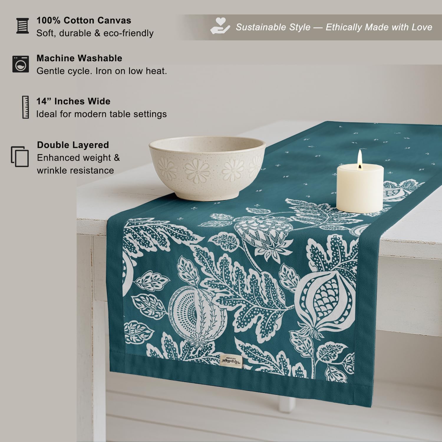 Handcrafted Double Layer Cotton Table Runner - Vargottam Fabric Table Linen with Border - Machine Washable, Stylish Runner for Dining & Console Tables - Fruits