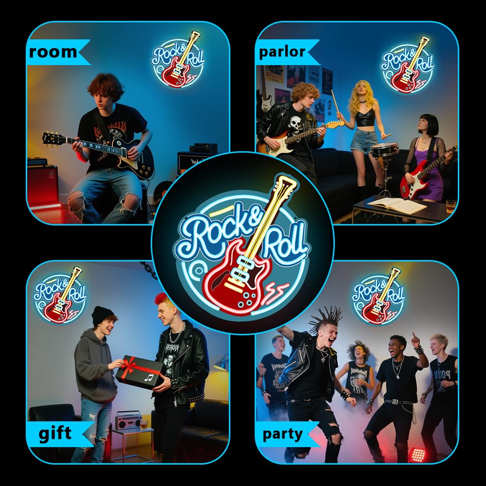 RuCvixkt Rock Roll Neonlicht für Wanddekoration, dimmbares LED Rock and Roll Gitarre Neon-Schild für Musikstudio, Salon, Bar, Club Deko, Geschenk für Jungen Mädchen Musikliebhaber