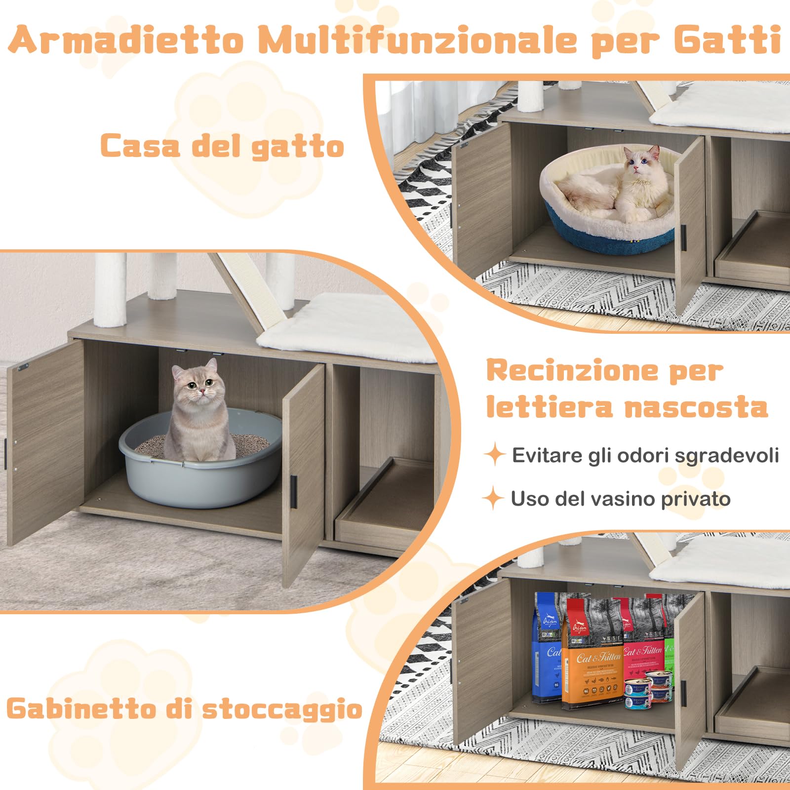 GYMAX Albero Tiragraffi per Gatti con Mobile Nascondi Lettiera, Torre per Gatti Tutto-in-uno con 2 Casette, Tiragraffi, Tappeti di Sisal, Palline, Spazzola, Mobile in Legno per Gatti Domestici