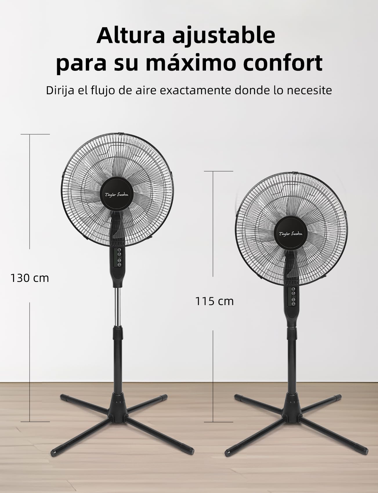 Taylor Swoden Ventilador de pie con Mando, 7 Aspas. Potente y Silencioso, pantalla LED, temporizador 9H, 3 velocidades y 3 modos (Normal/Natural/Sleep), Oscilación de 70°, altura regulable, Ø 43 cm