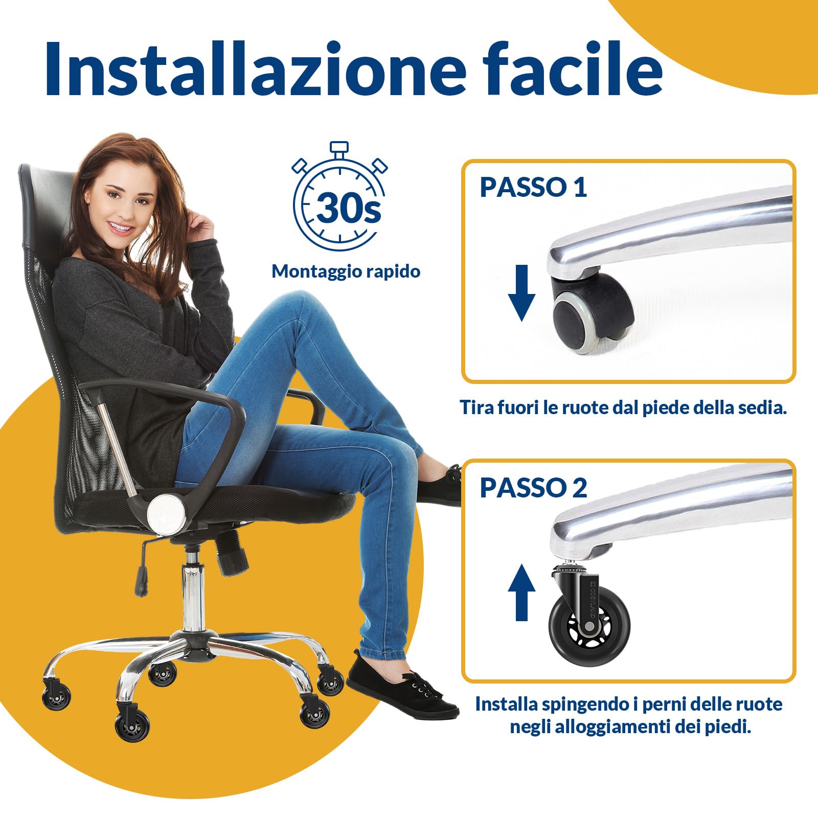 COSYLAND Ruote per Sedia Ufficio – Ruote Sedia Ufficio per Parquet Silenziose e Resistenti, Rotelle per Sedia Ufficio 11×22 mm per Tutti i Pavimenti