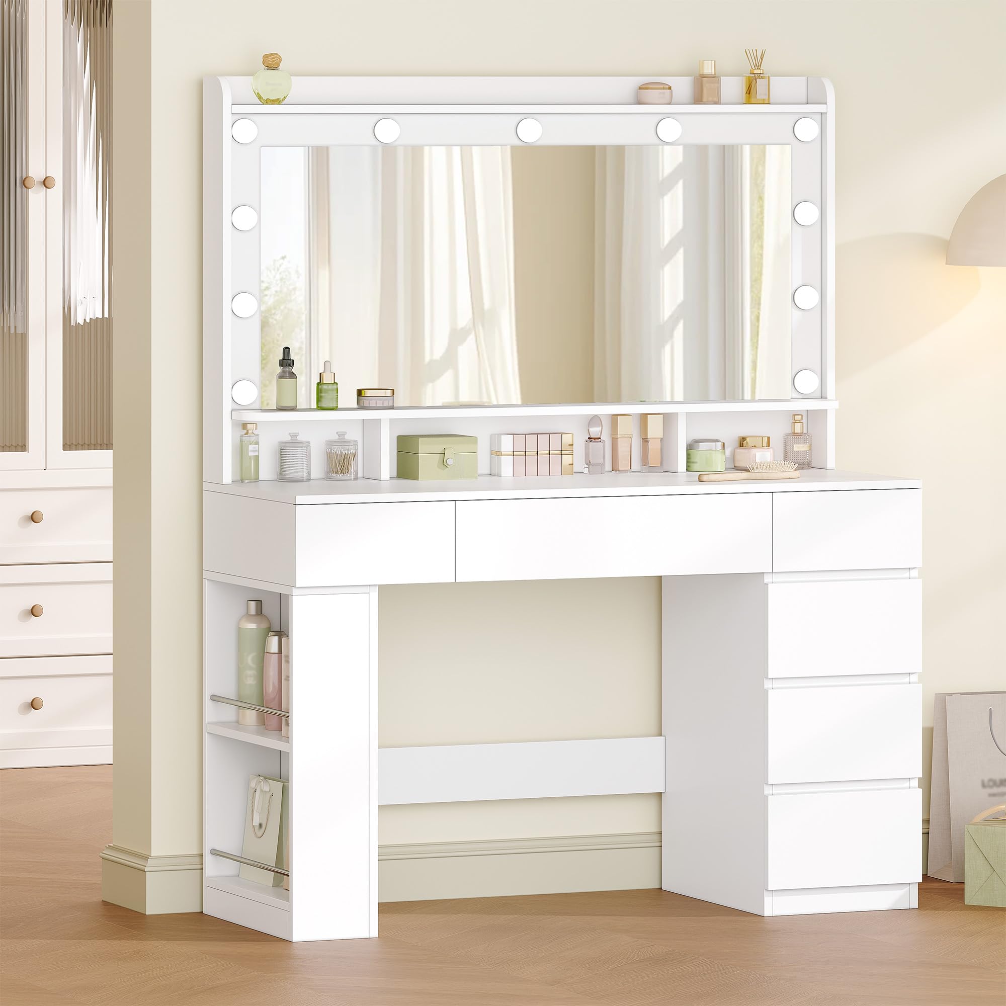 HEXCELEN 108 cm Tocador con Espejo Grande, Tocador de Maquillaje con Luz LED, Mesa de Maquillaje con 6 Cajones y Compartimento de Almacenamiento Lateral Abierto, Blanco