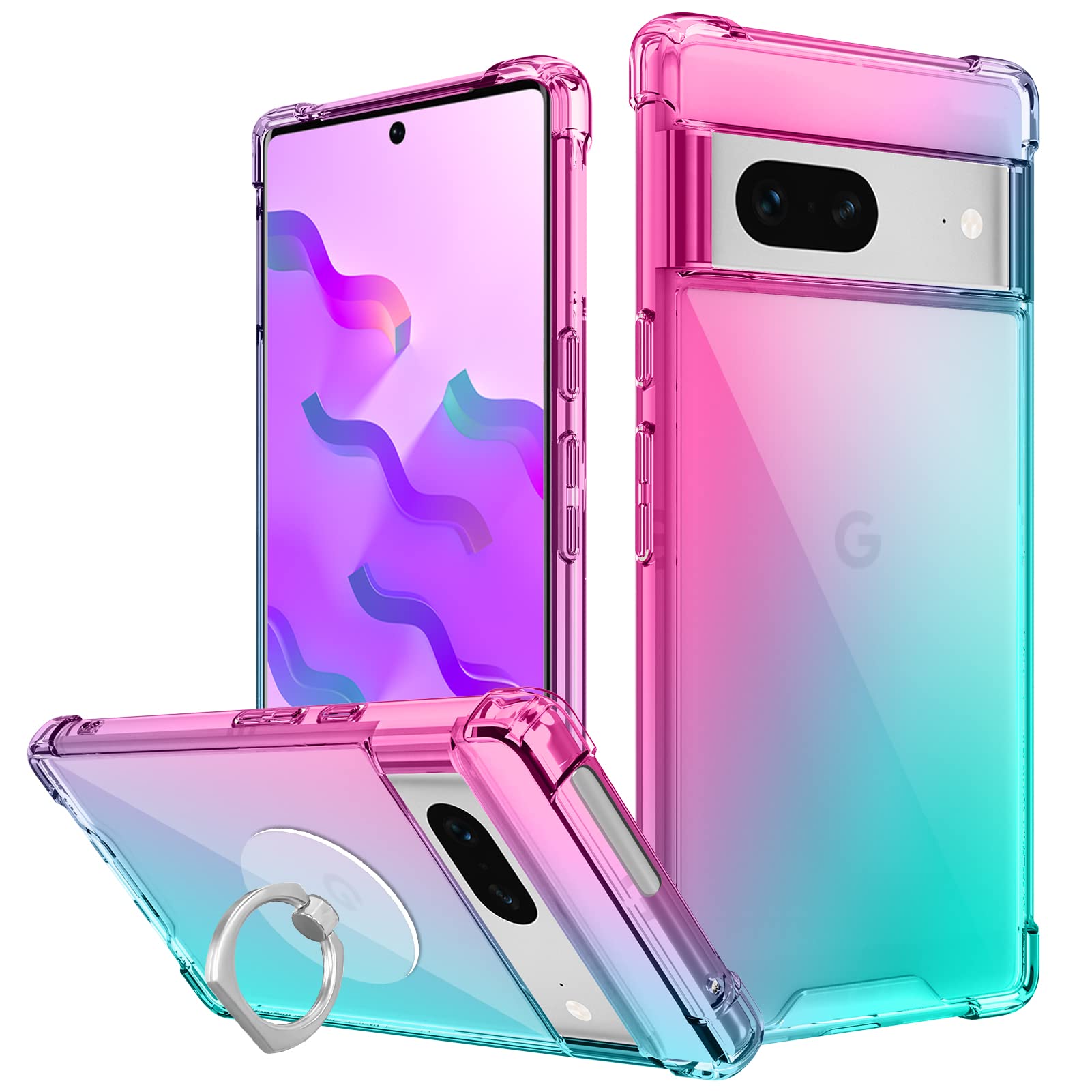 Marphe for Google Pixel 7 Case with [Ring Kickstand Holder] Clear Gradient Soft TPU [Reinforced Corners] Shockproof Protective Phone Case Cover for Google Pixel 7-Pink Green