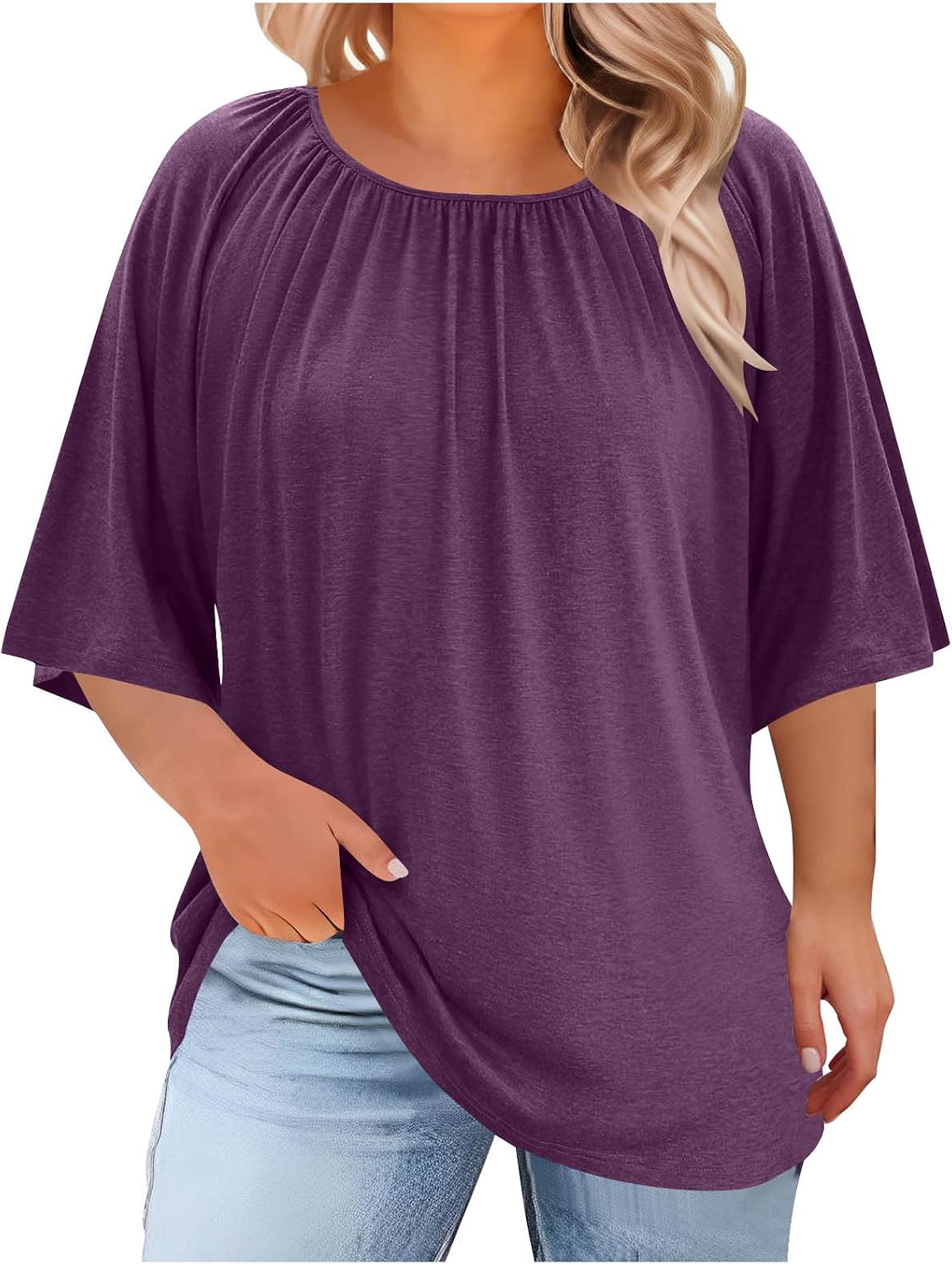 Womens Summer Tops Ruched Shirts Half Sleeve Round Neck Plus Size Oversized Tunic Blouses 2026 Fashion
