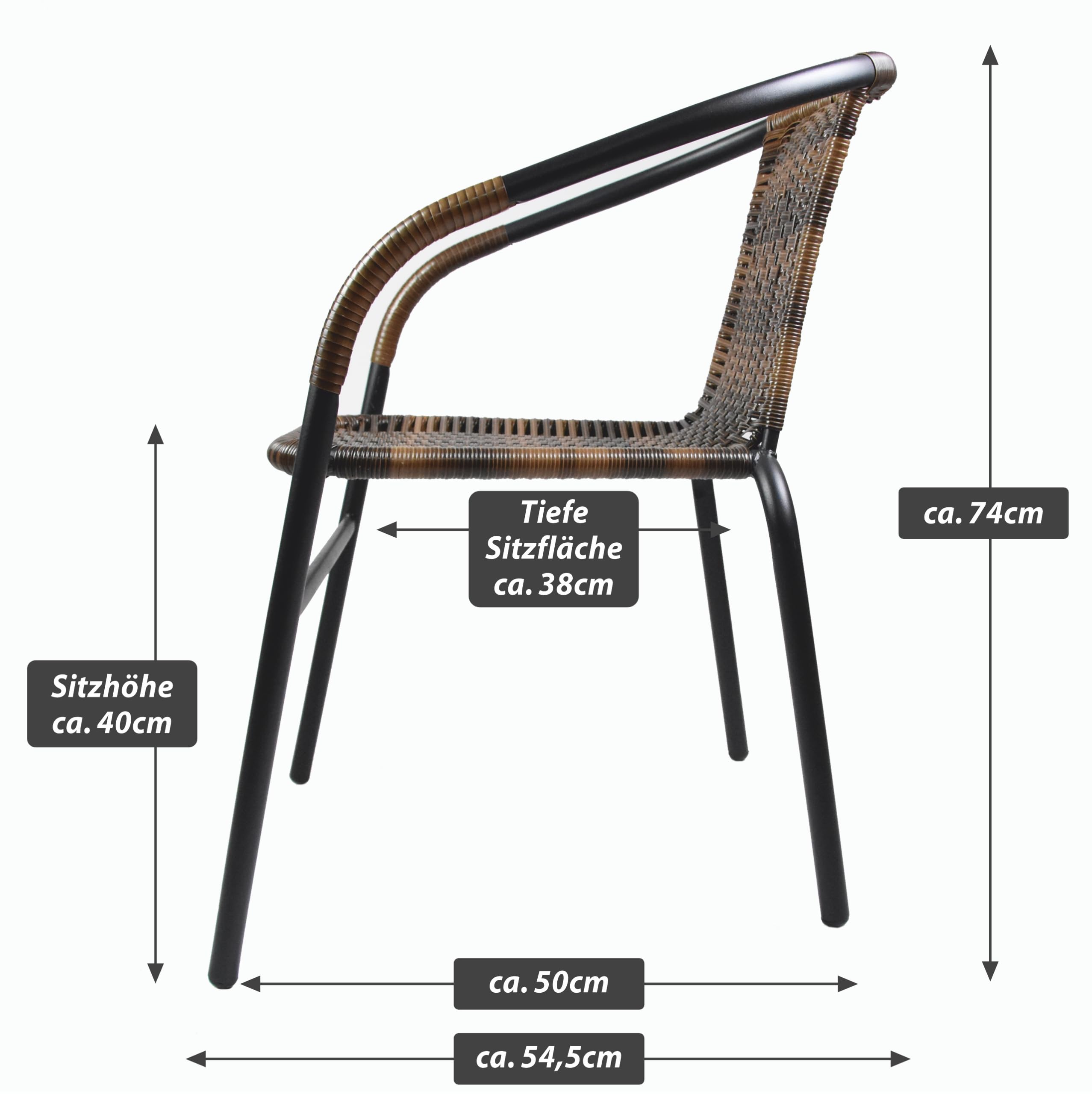 Nexos Trading Bistrostuhl Poly Rattan Stahl-Rahmen Stapelstuhl Balkonstuhl Gartenstuhl (Braun-Schwarz, 2)