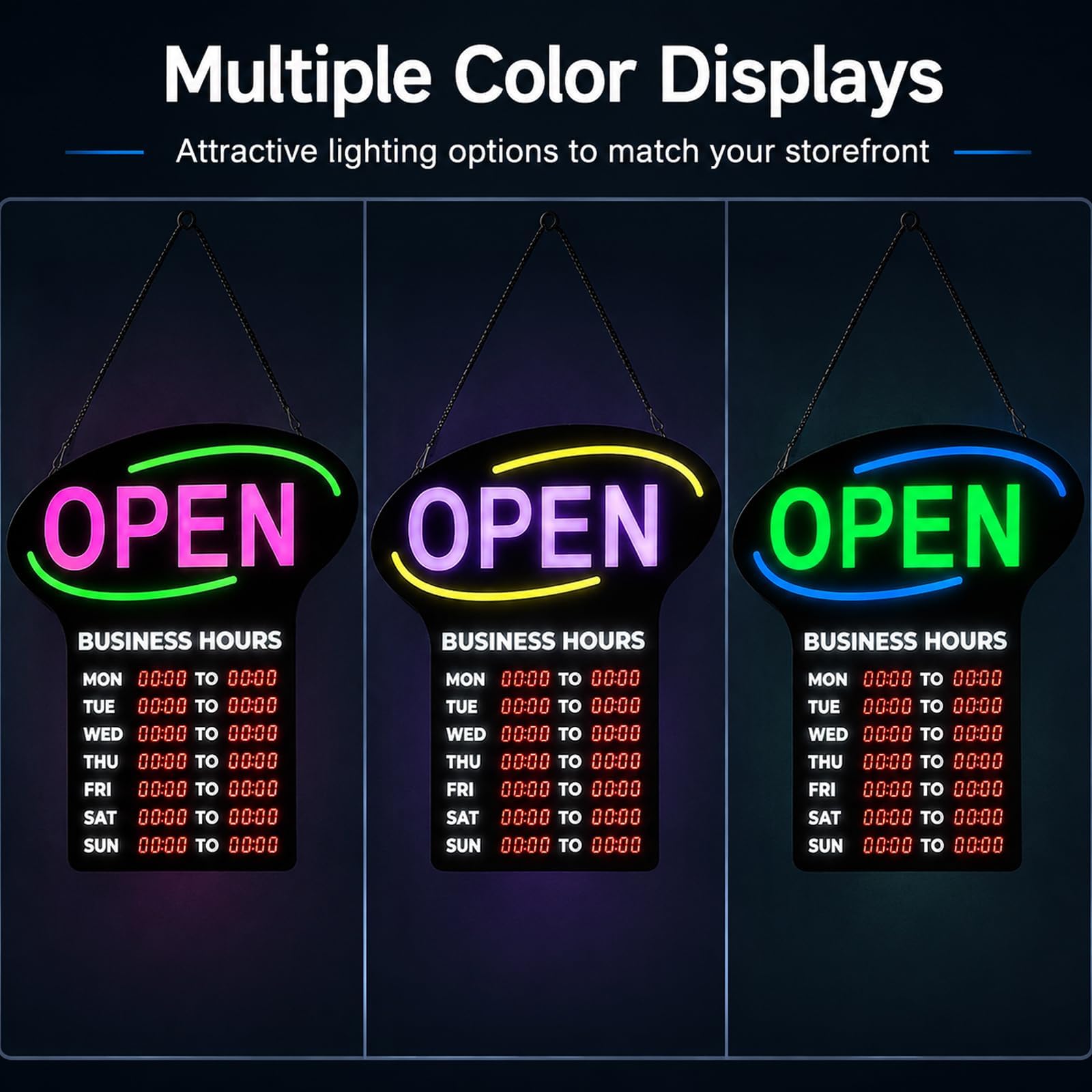 Insegna aperta a LED con orari settimanali, display a 7 colori