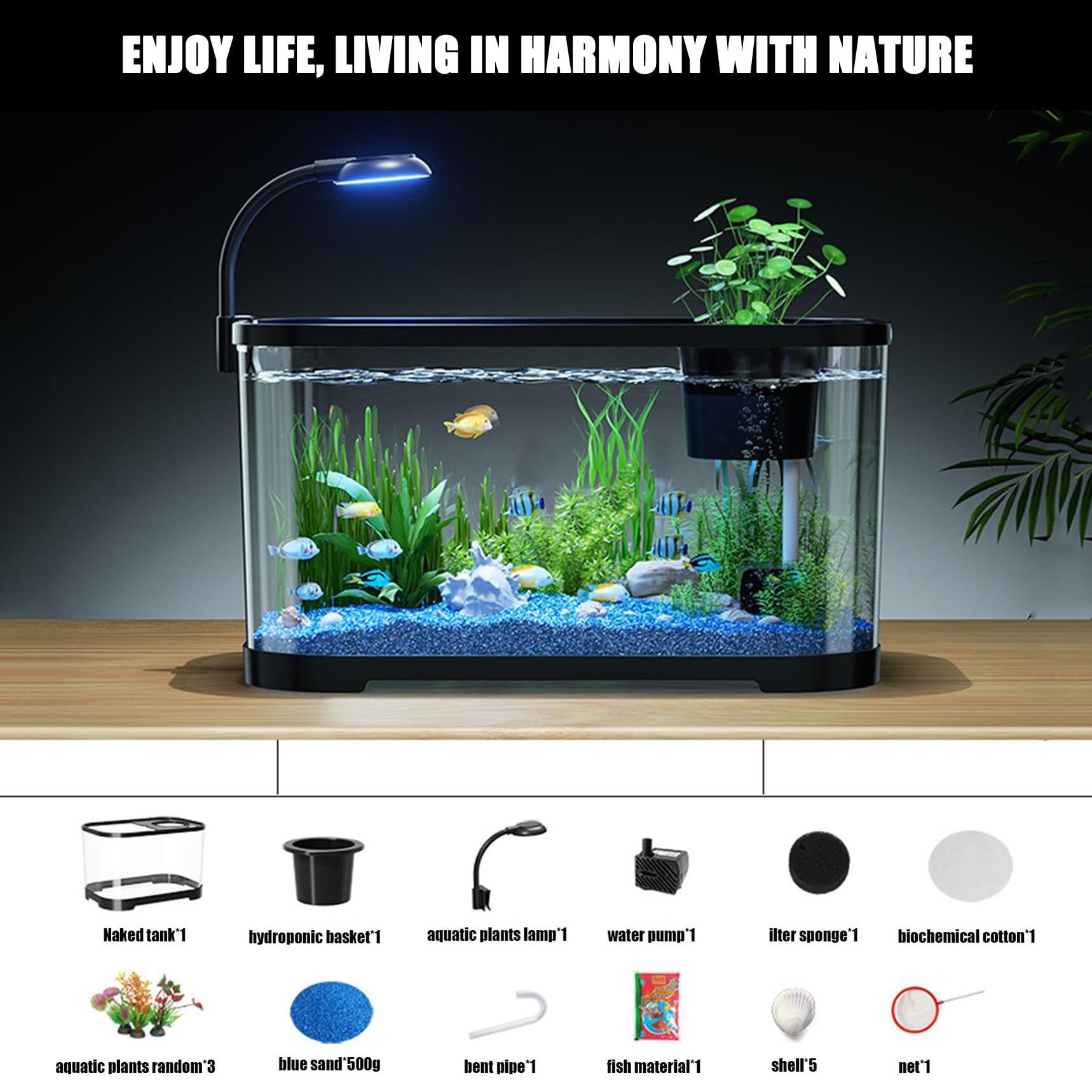 Kit per acquario con filtro e luce LED, ideale per pesci, tartarughe, rane in casa, ufficio, soggiorno