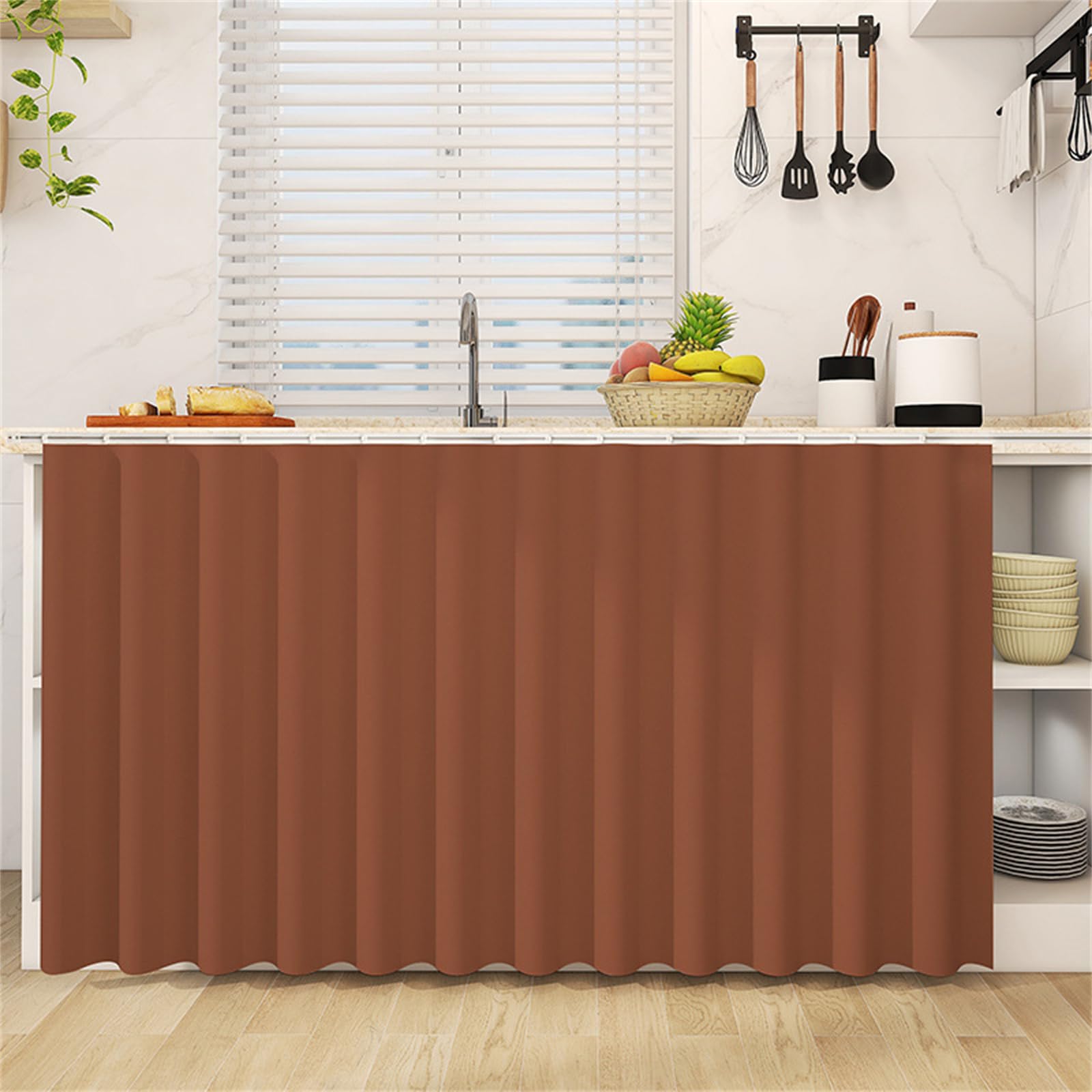 Highdi Cupboard Short Curtain Kitchen, Hide Away Small Curtains for Kitchen Cupboard Door - No Drilling Is Required with Hook and Loop for Under Sink-Solid Colour (Caramel Red,100 * 120cm)