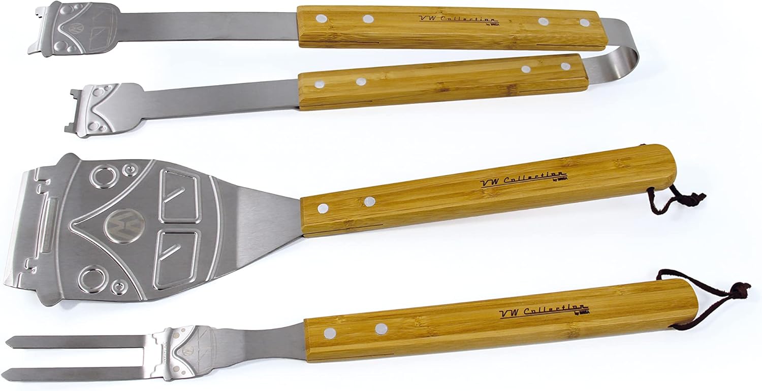 BRISA VW Collection - Volkswagen Stainless Steel Grill Cutlery Set - Tongs, Fork, and Turner in T1 Bus Design (3-Piece with Carrying Case)