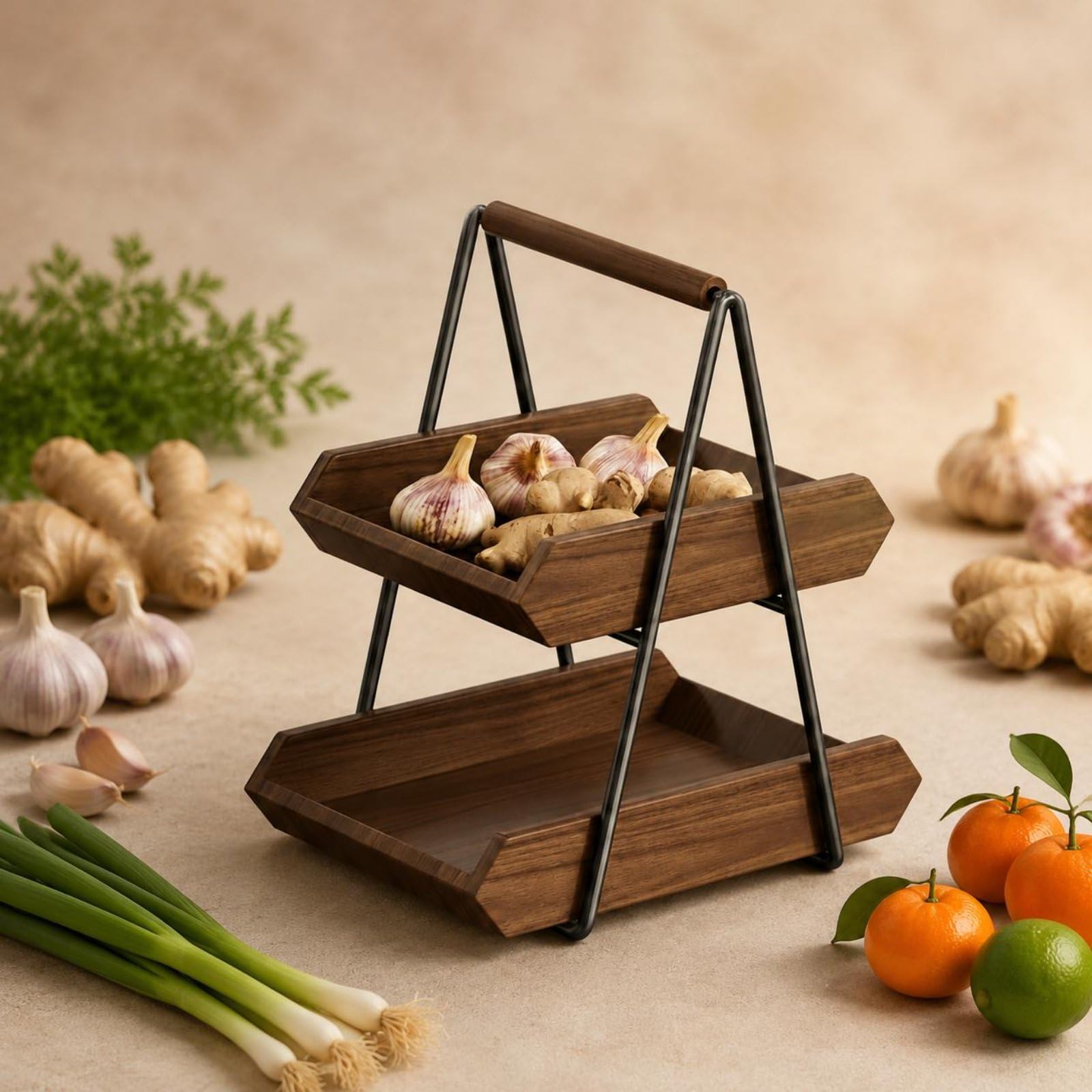 Küchen Aufbewahrungsregal Tischregal Gewürzregal Korbständer Zweistufig Holzoptik mit Griff Stabile Konstruktion aus Gummibaumholz Und Eisen für Lebensmittel Obst Gemüse, color to 4, Groß