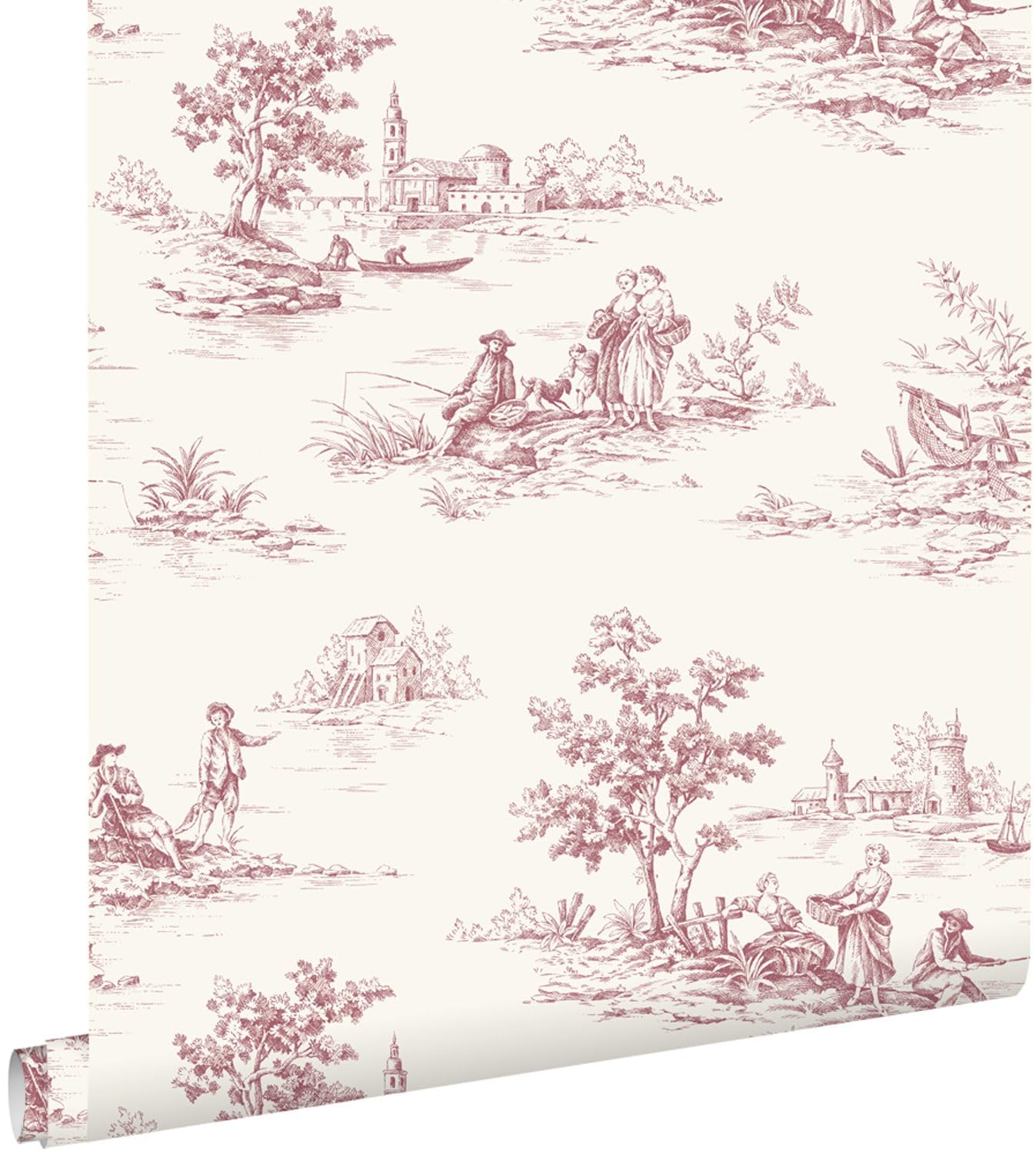papier peint toile de jouy rouge bordeaux et blanc 50 x 900 cm - ESTAhome