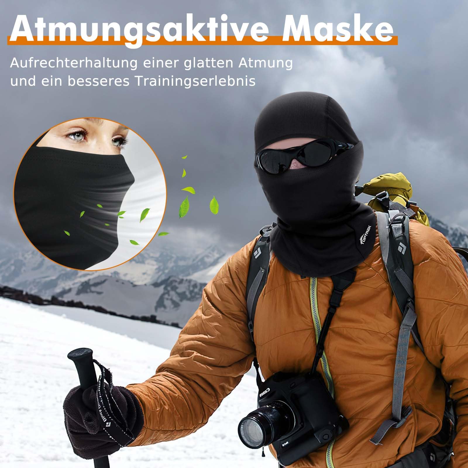Toptrek Balaclava zimowa, zimna i wiatroszczelna maska na twarz, narciarska, na rower, snowboard, motocykl, oddychająca maska na twarz dla mężczyzn i kobiet, czarny, 55-60