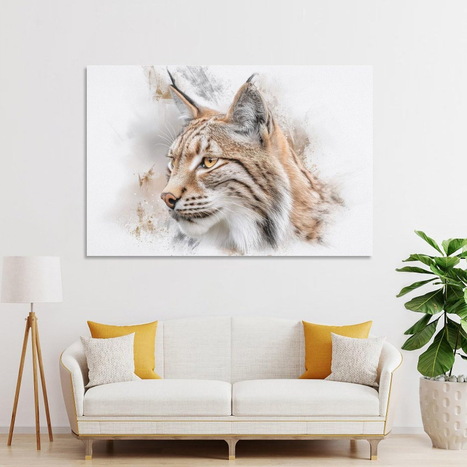 Junmoney Lynx Portrait with Watercolor Splashes Decorative Canvas Print, 24x36inch(60x90cm), for New Home Styling, Lounge Or Bedroom, Wall Decor with Flexible Room Appeal