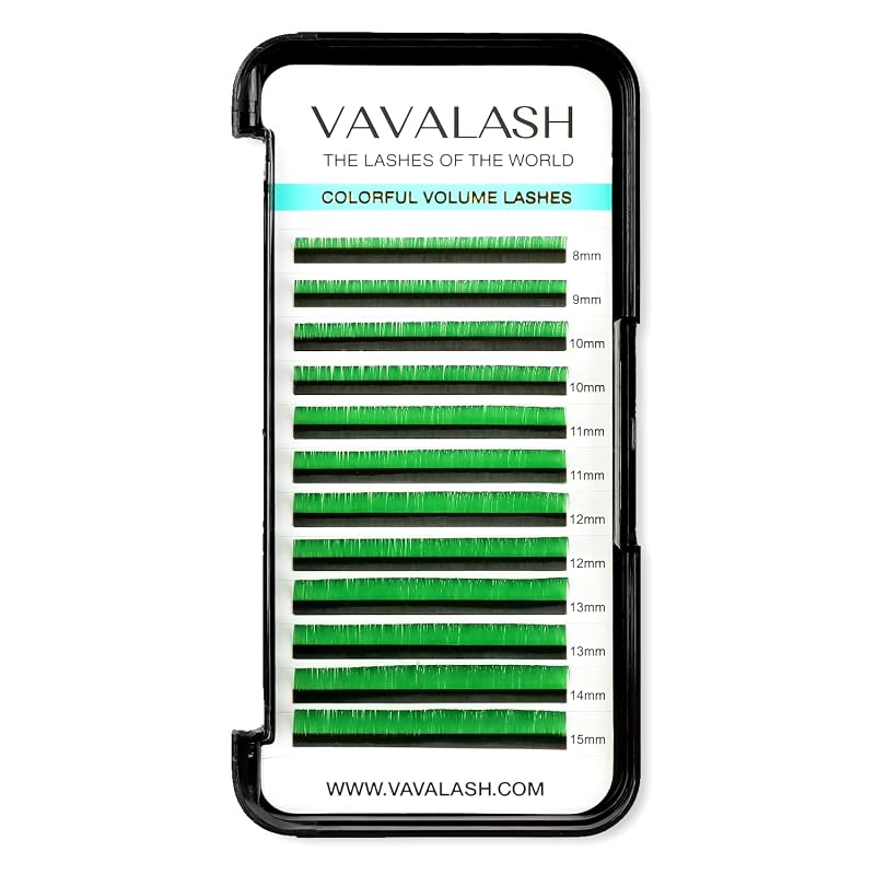 Extensões de Cílios Coloridas VAVALASH Verde 0.07-DD, Curvatura DD, Comprimentos Mistos de 8 a 15 mm