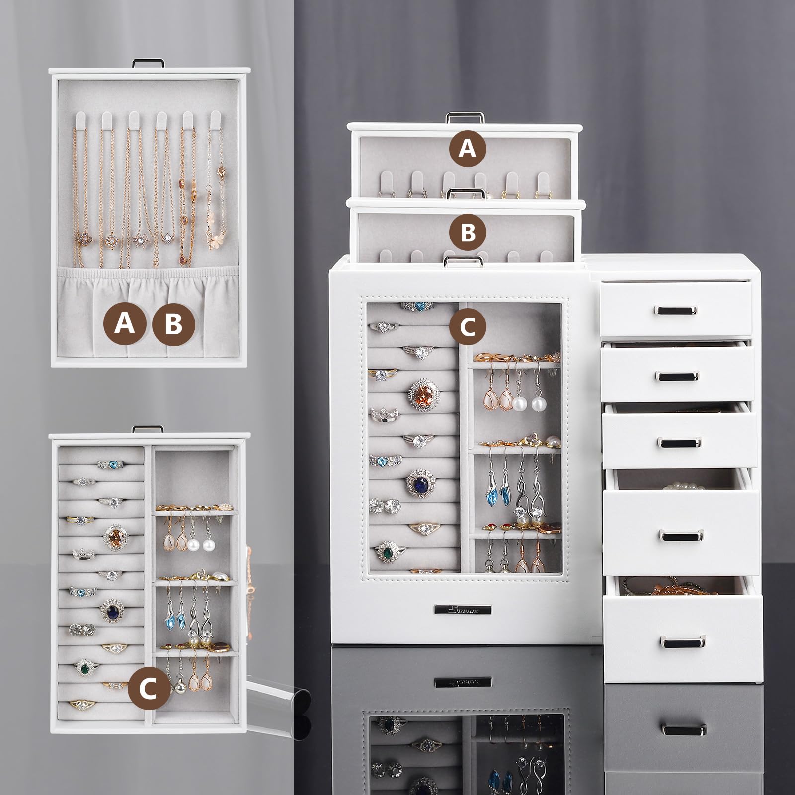 Joyero Grande con Vitrina para Mujer: 8 Cajones para Joyas | Organiza Collares Anillos Relojes y Pendientes-Tocador y Dormitorio-Frontal de Cristal para una Selección Rápida-Blanco