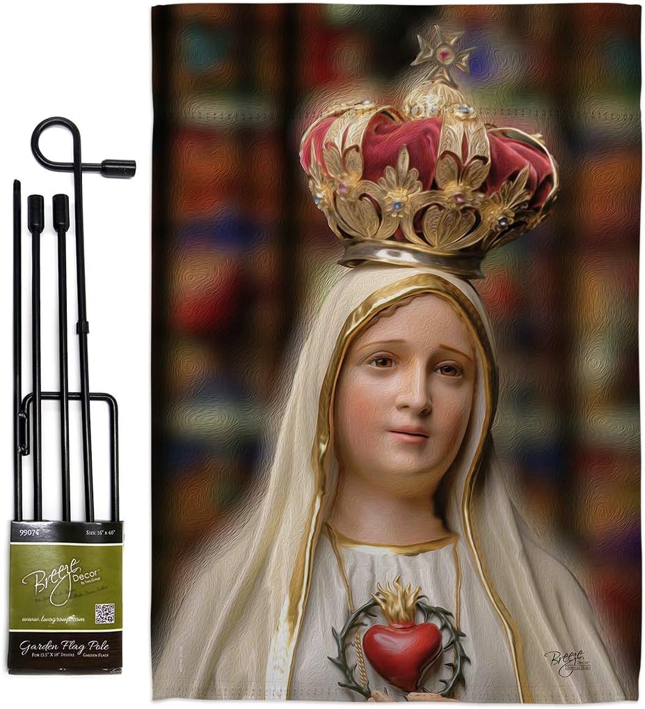 Our Lady of Fatima Garden Flag Set with Stand Religious Faith Hope Grace Peace Dove Christian Religion Easter Small Decorative Gift Yard House Banner Made In USA 13 X 18.5