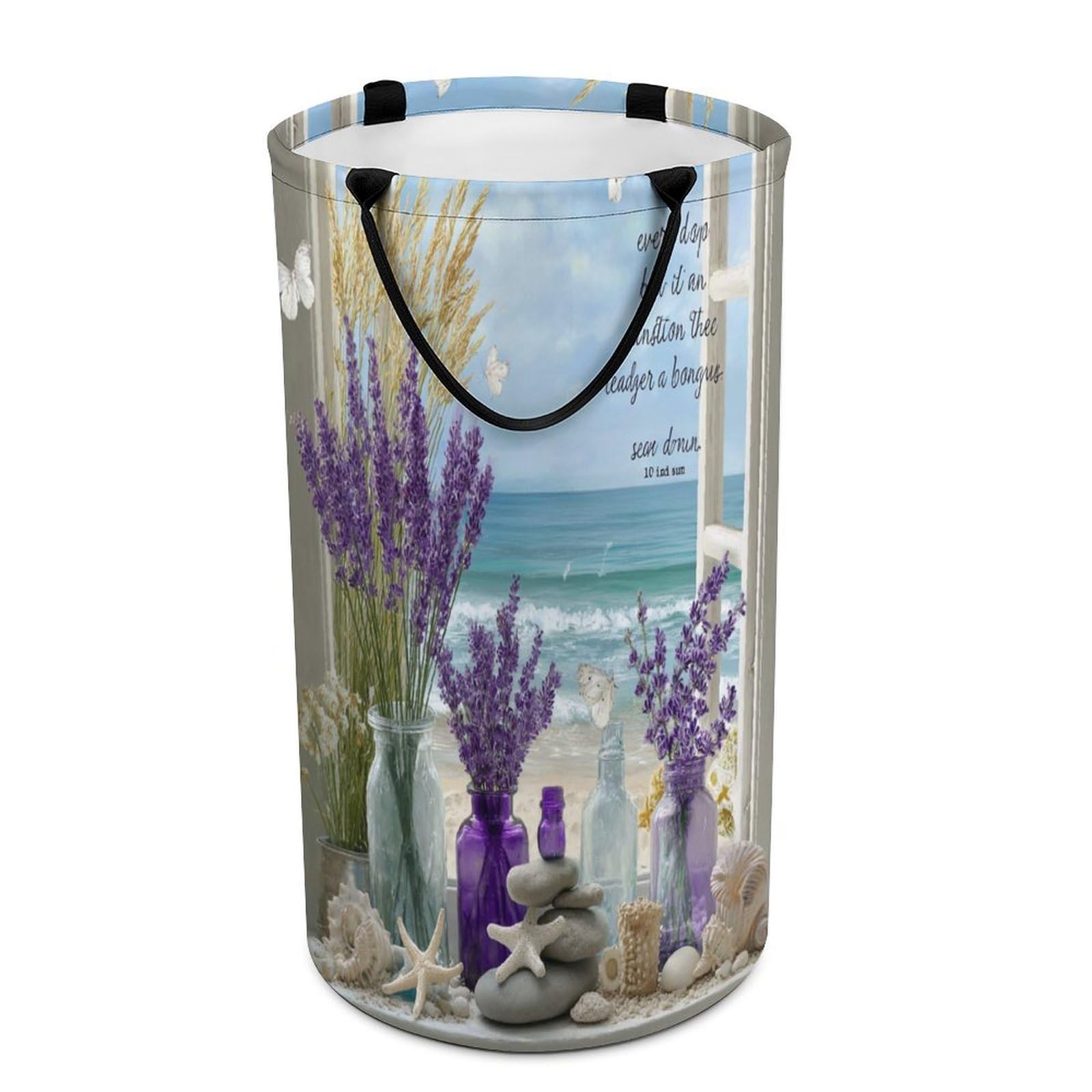 LUYYSKY Classic Colorful Window Seaside Versatile Storage Laundry Basket, Rustic Oil Painting Summer Nautical Landscape Lavender Lilac Large Capacity Bathroom Hamper With Handle