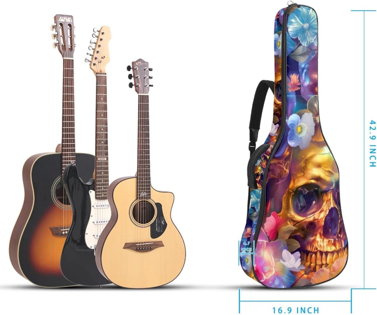 40 41 42 Inch Guitar Bags, Waterproof Padded Acoustic Guitar Case Backpack with Adjustable Shoulder Strap & Pockets, Colorful Skulls and Flowers