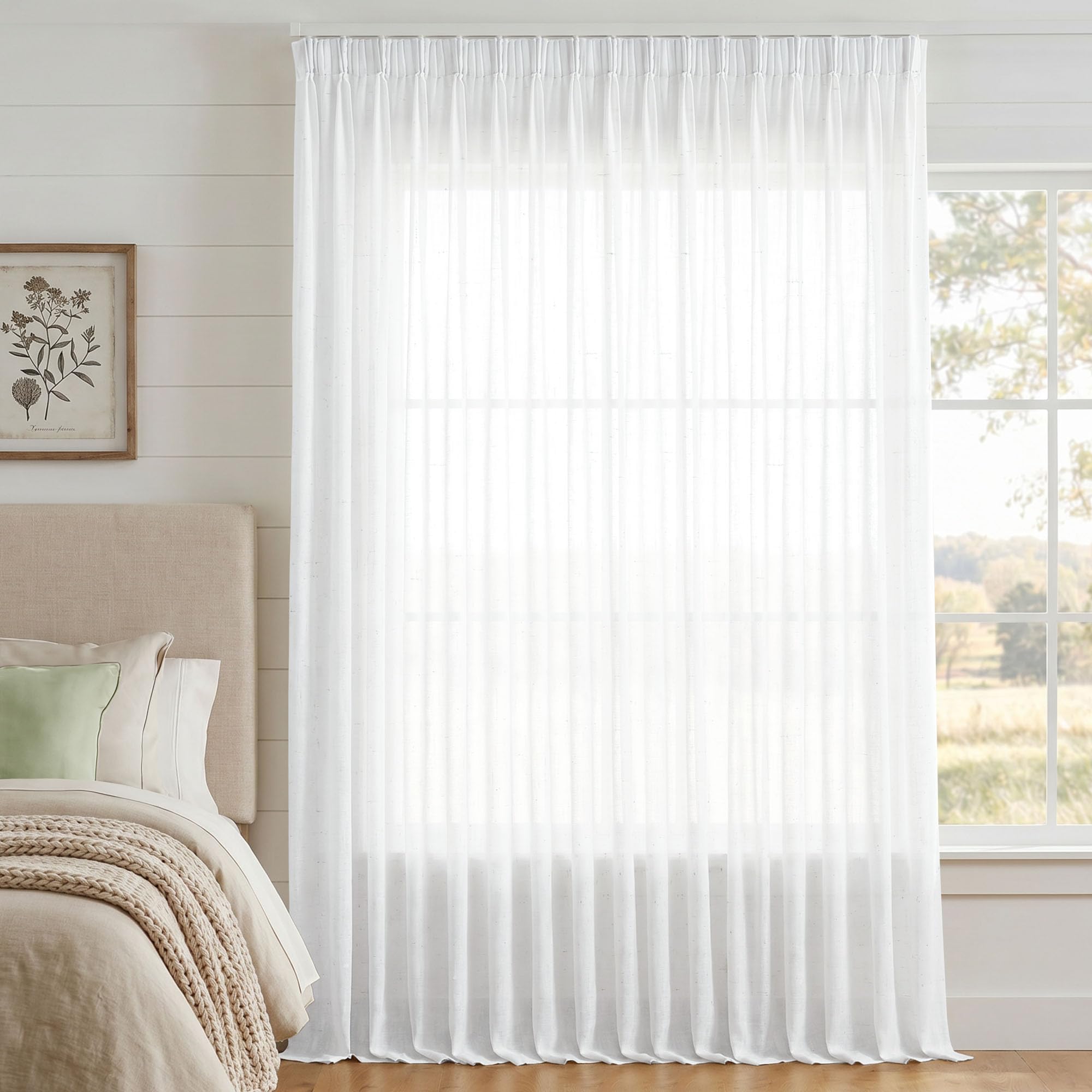 Deconovo Tende per Interni Effetto Lino con Fettuccia, Tende Velate Trasparenti Filtranti per Soggiorno e Camera da Letto, 1 Pannello 300 x 245 cm, OEKO-TEX® STANDARD 100, Bianco Lino