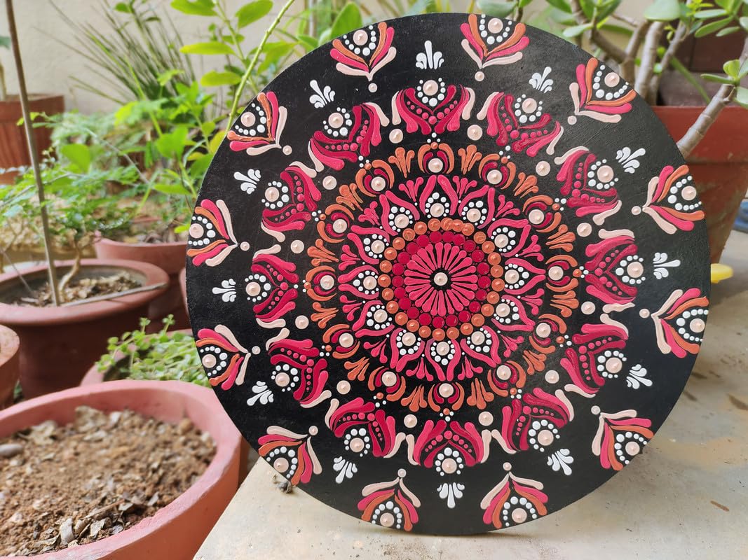 Just Be Acrylic Handmade Original Round Design Dot Mandala Painting for Home, Office Decoration | Decorative Wall Art (Dimension 12 inchx12 inch, Thickness 7 mm)