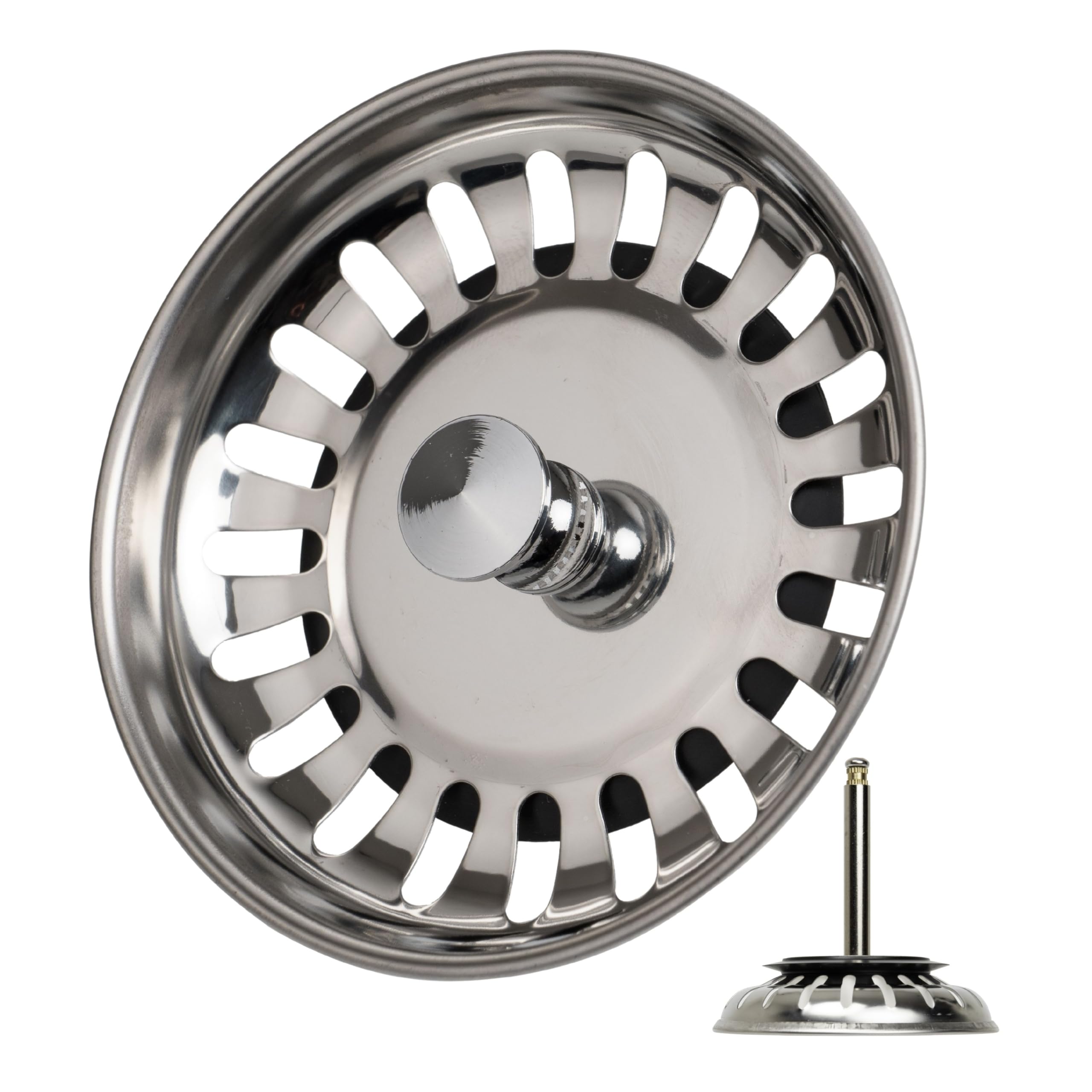 Sink strainer basket, 1 pack, Ø 78 mm strainer basket, in stainless steel, eccentric spigot protrudes 52-97 mm deep into the drain, Ø 8 mm pin