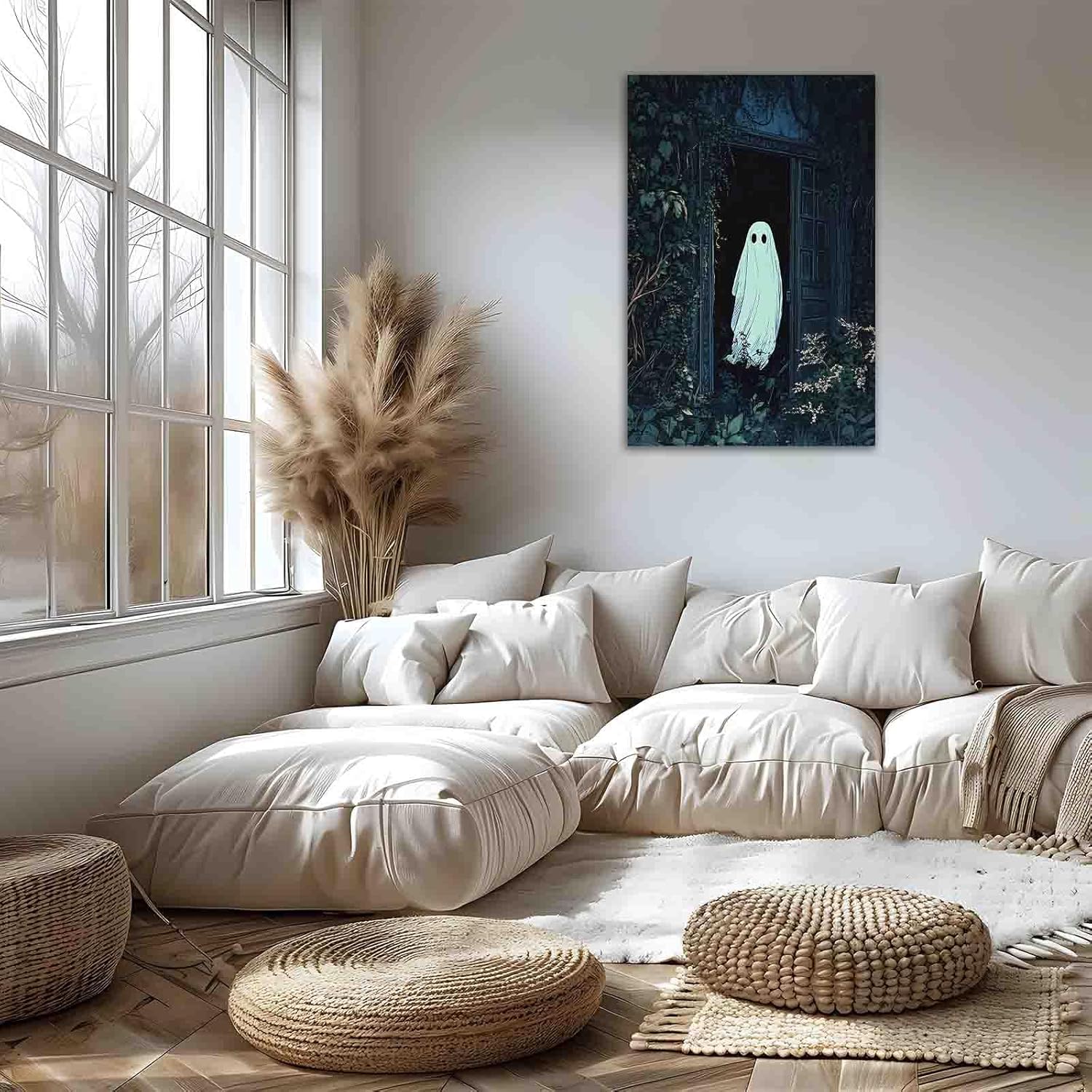 FOTRIC Ghost Wall Art Halloween Pictures of Wall Horror Ghost Halloween Canvas Wall Decor Garden Horror Gothic Canvas Dark Ghost Artwork Spooky Painting Bathroom Decor Canvas Roll 24x36 inch