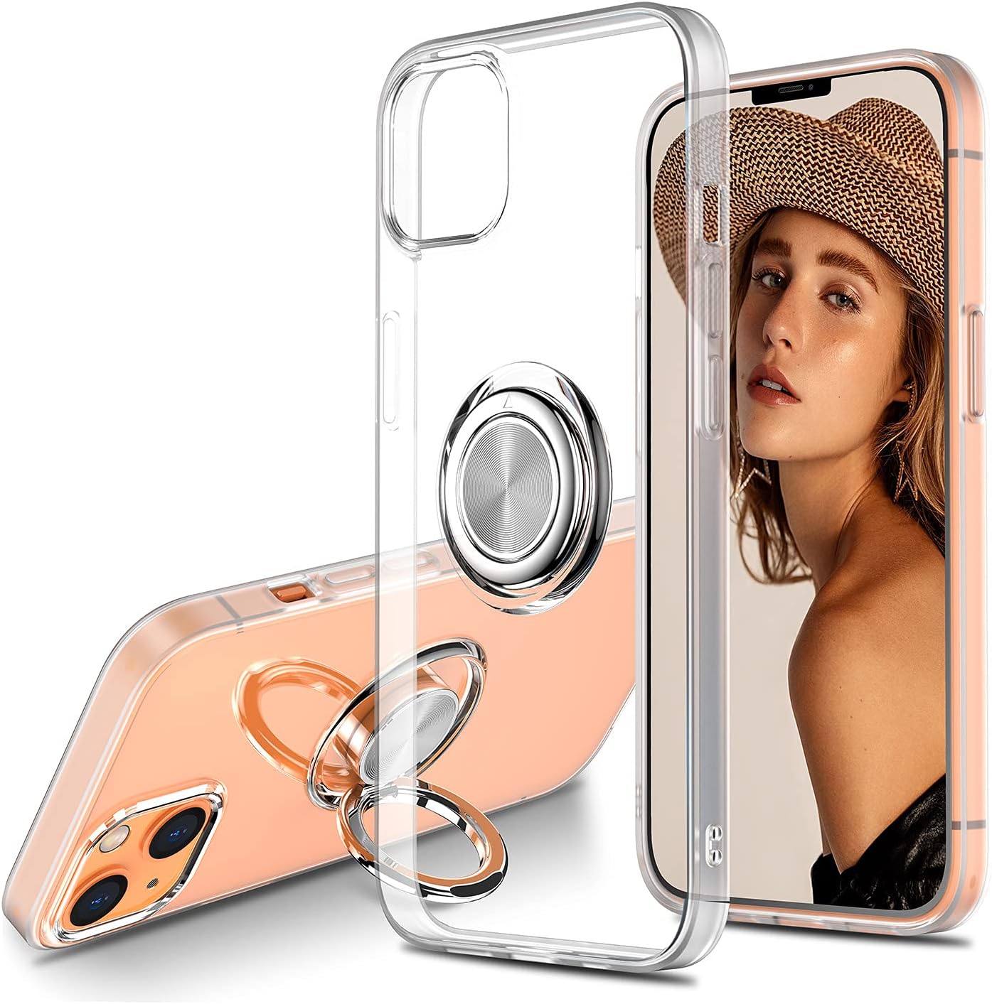 WATACHE Compatible with iPhone 13/14 Case, Crystal Clear Slim Fit Protective Phone Case Cover with [Ring Holder Kickstand] [Magnetic Car Mount Feature] for iPhone 13/14 6.1 Inch, Clear
