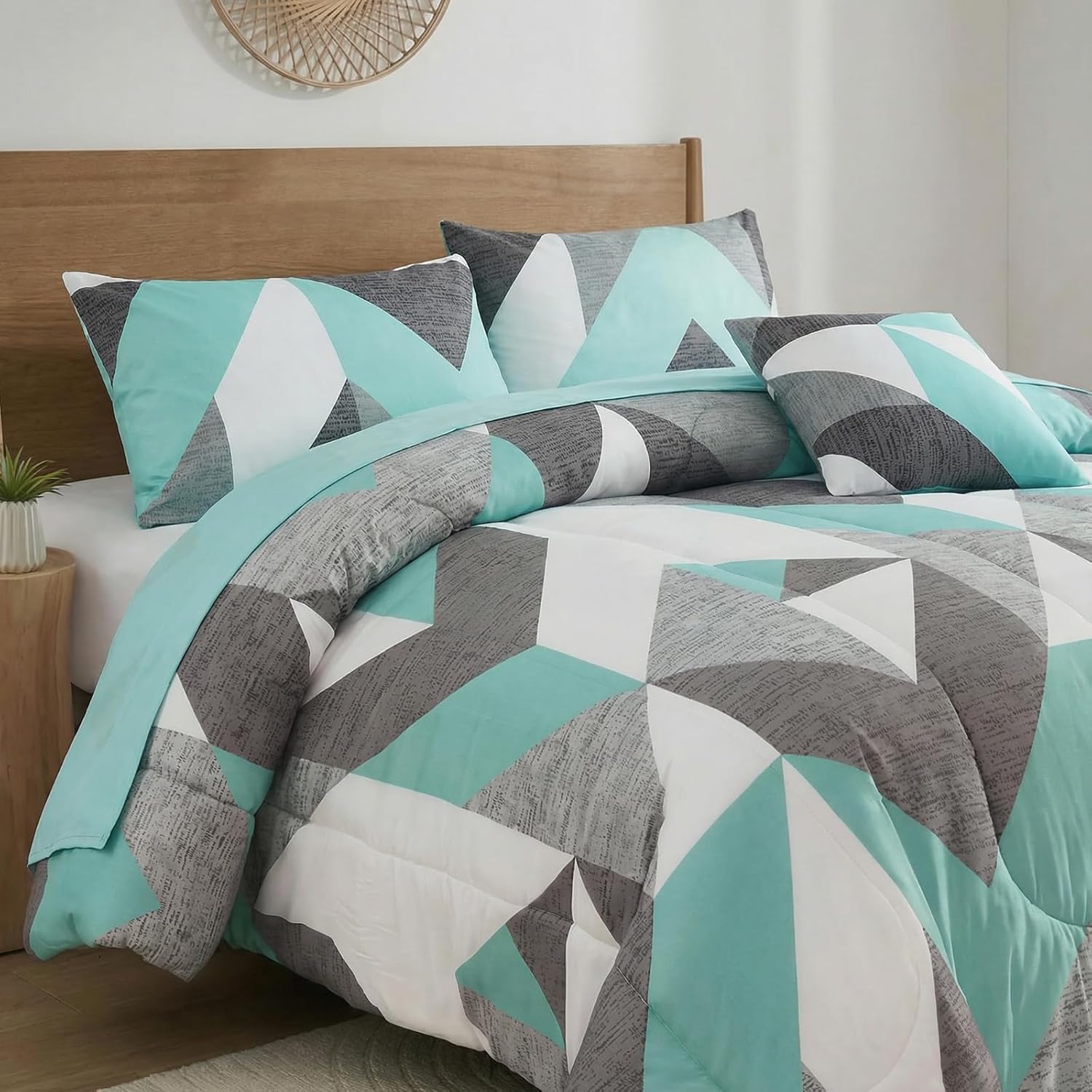 Bedbay Grey and Teal Comforter Set Teal Bedding Full Size Bed Sheets and Comforter Set Geometric Chevron Full Bed Set Soft Lightweight Comforter Bed in a Bag 8 Pieces(Teal&Grey,Full) - Image 8
