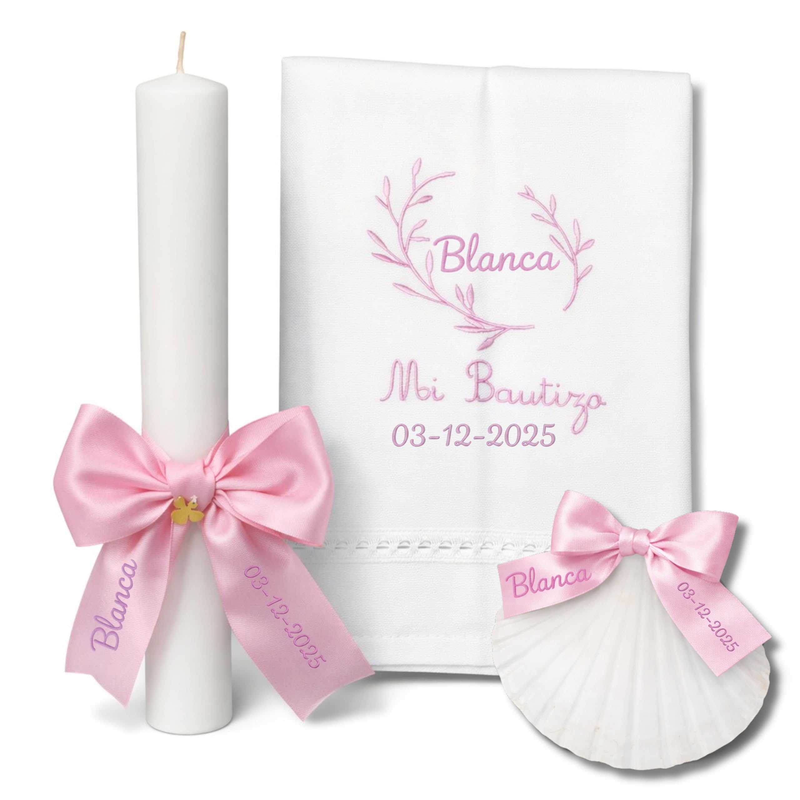 Kit de Bautizo Personalizado | Vela Artesanal con Lazo, Pañuelo Bordado y Concha Bautismal | Pack Premium con Vela Bautismo,Toalla de Bautismo Bordada, Concha Marina | El Recuerdo Perfecto (Beige) — view 8